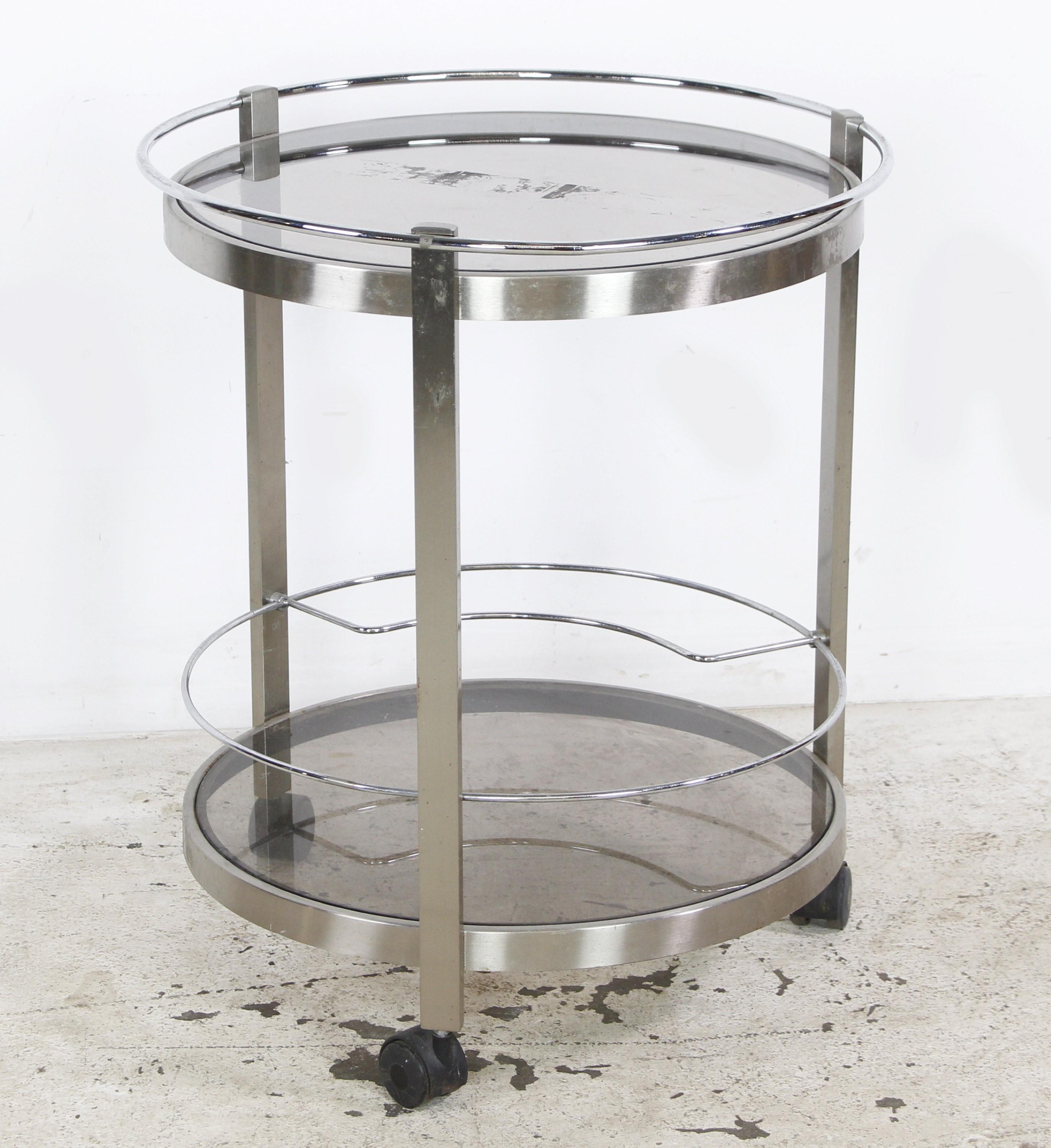 20th Century European Nickeled Steel Round Tinted Glass Bar Cart For Sale