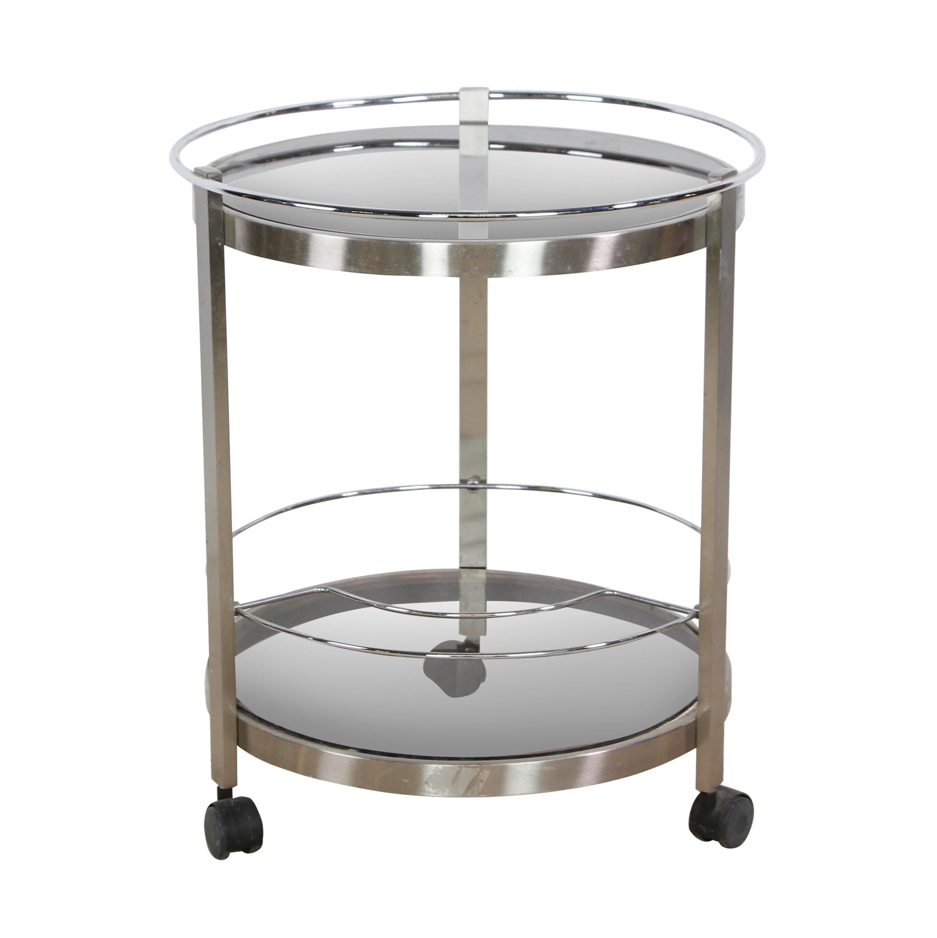 European Nickeled Steel Round Tinted Glass Bar Cart For Sale 1