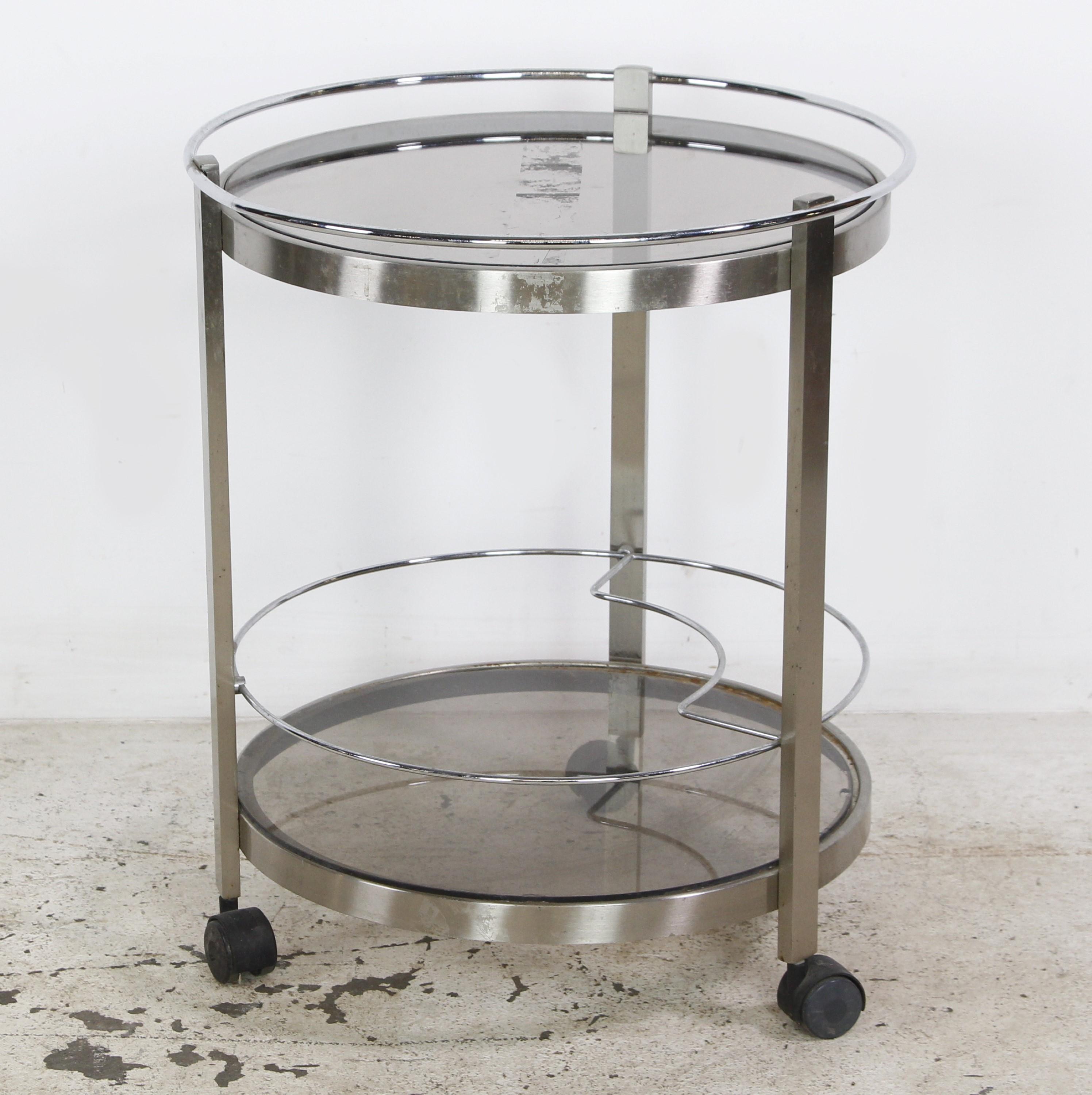 European Nickeled Steel Round Tinted Glass Bar Cart For Sale 2