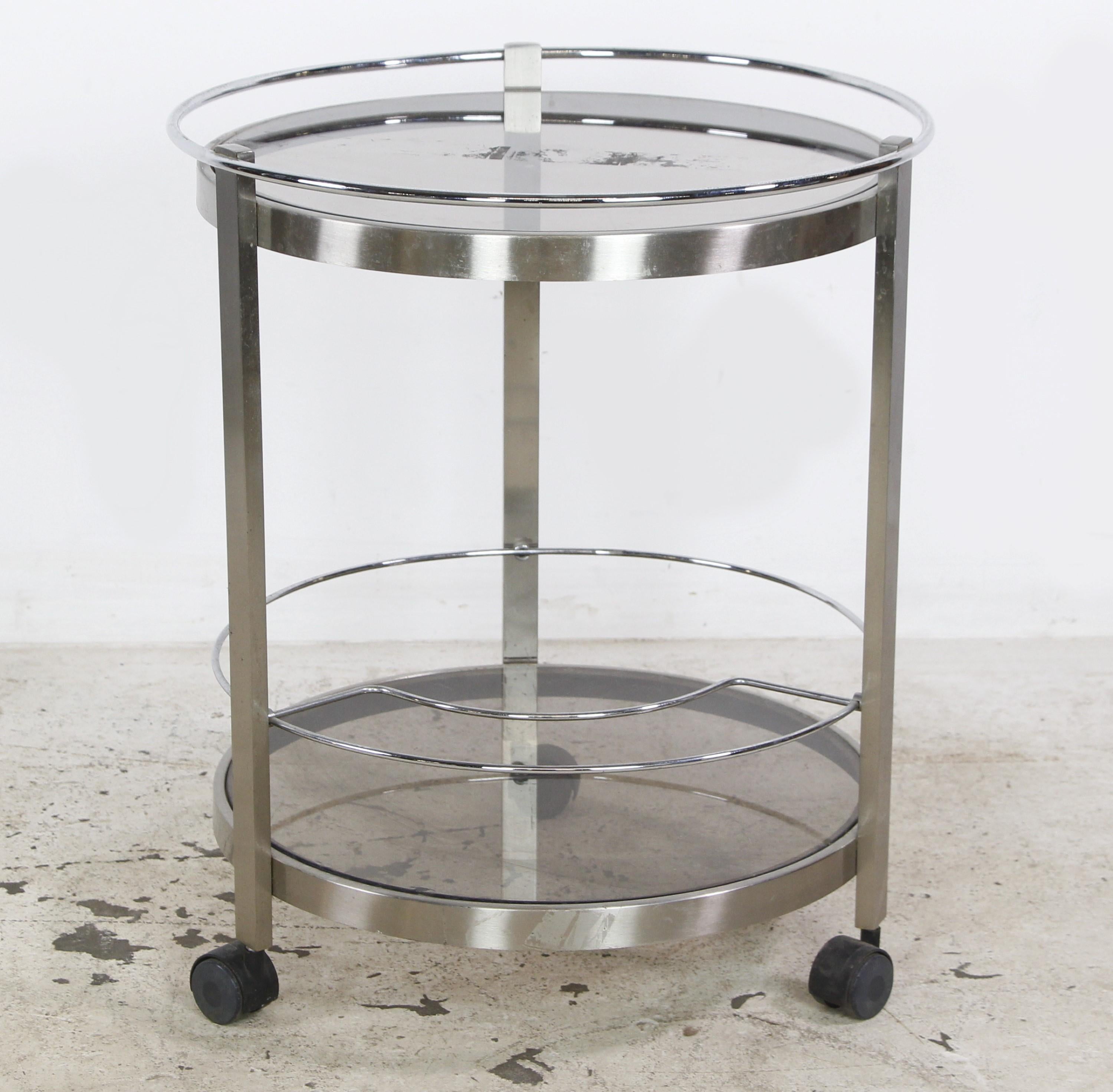 European Nickeled Steel Round Tinted Glass Bar Cart For Sale 4