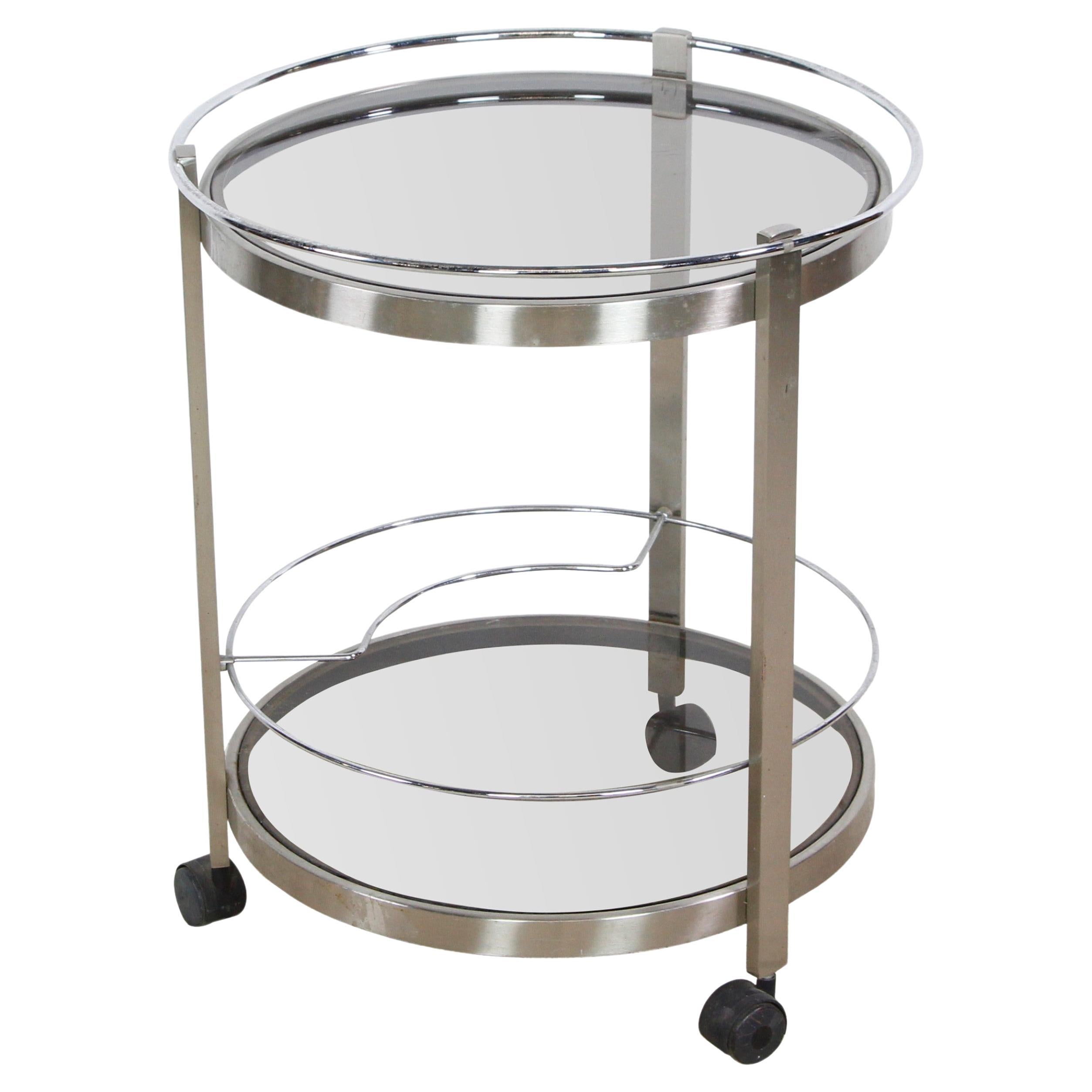 European Nickeled Steel Round Tinted Glass Bar Cart For Sale