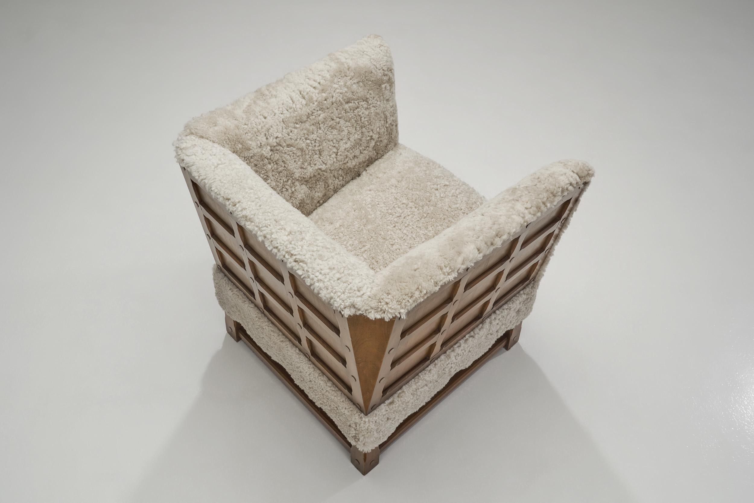Fabric European Oak Panelled Box Chair in Sheepskin, Europe, 1940s For Sale