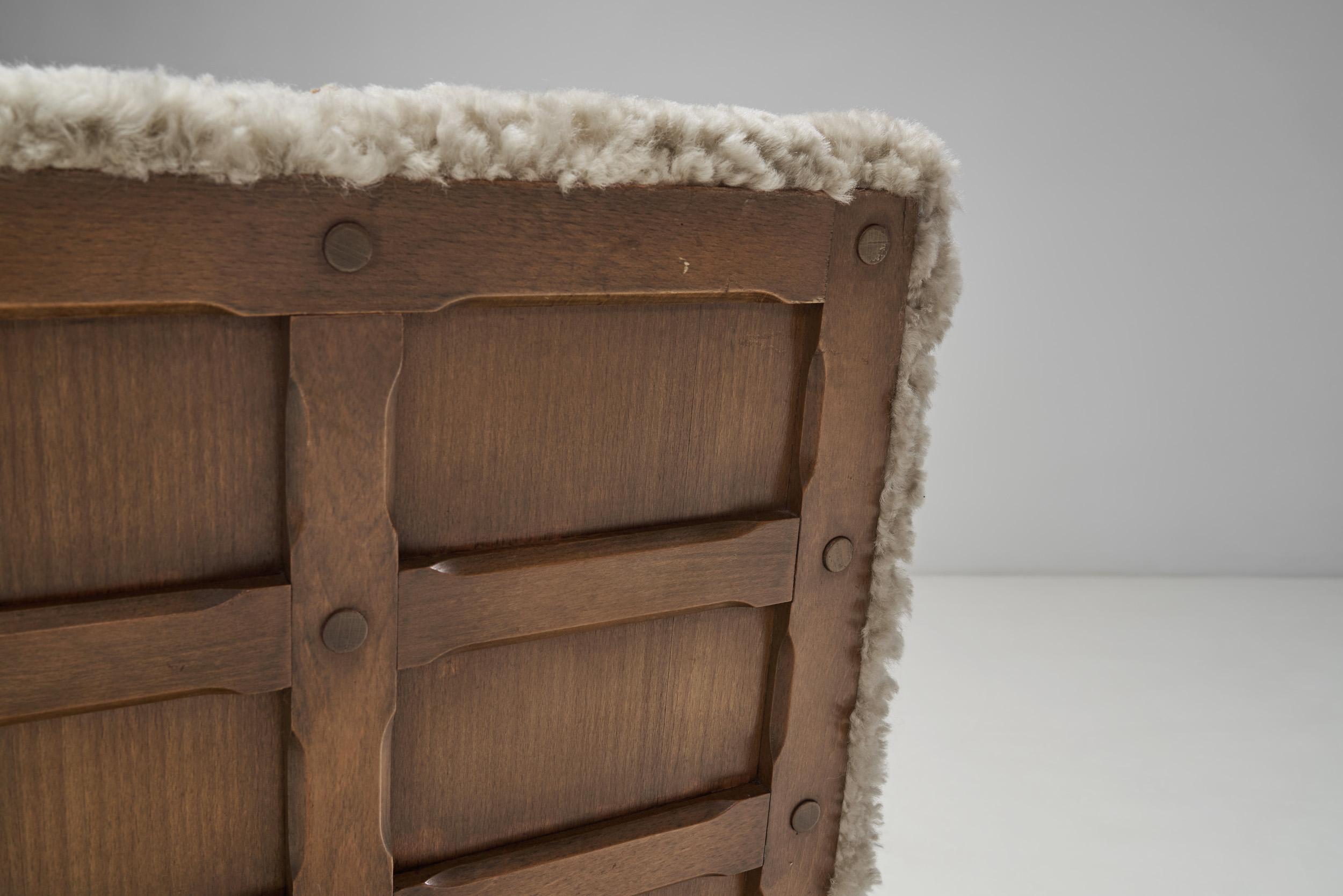 European Oak Panelled Box Chair in Sheepskin, Europe, 1940s For Sale 3
