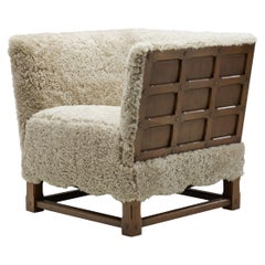 European Oak Panelled Box Chair in Sheepskin, Europe, 1940s