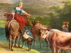 European oil on canvas, 19 th century with castle and livestock