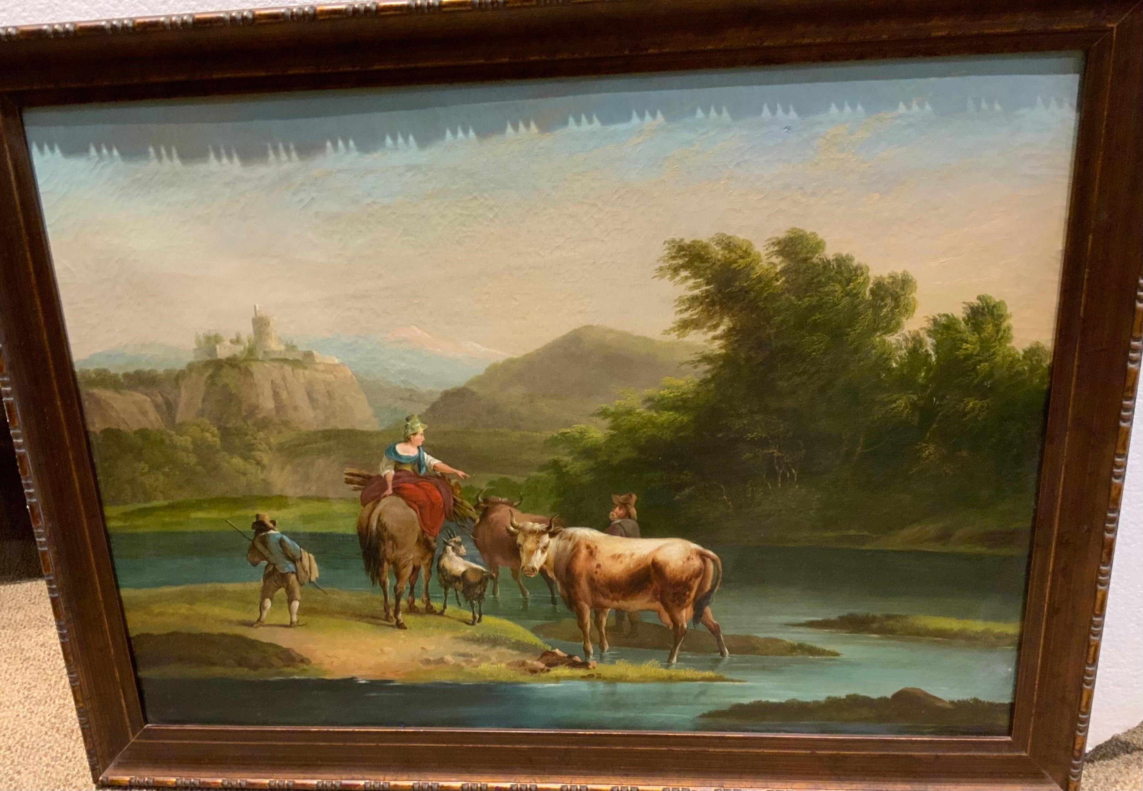 British European oil on canvas, 19 th century with castle and livestock For Sale