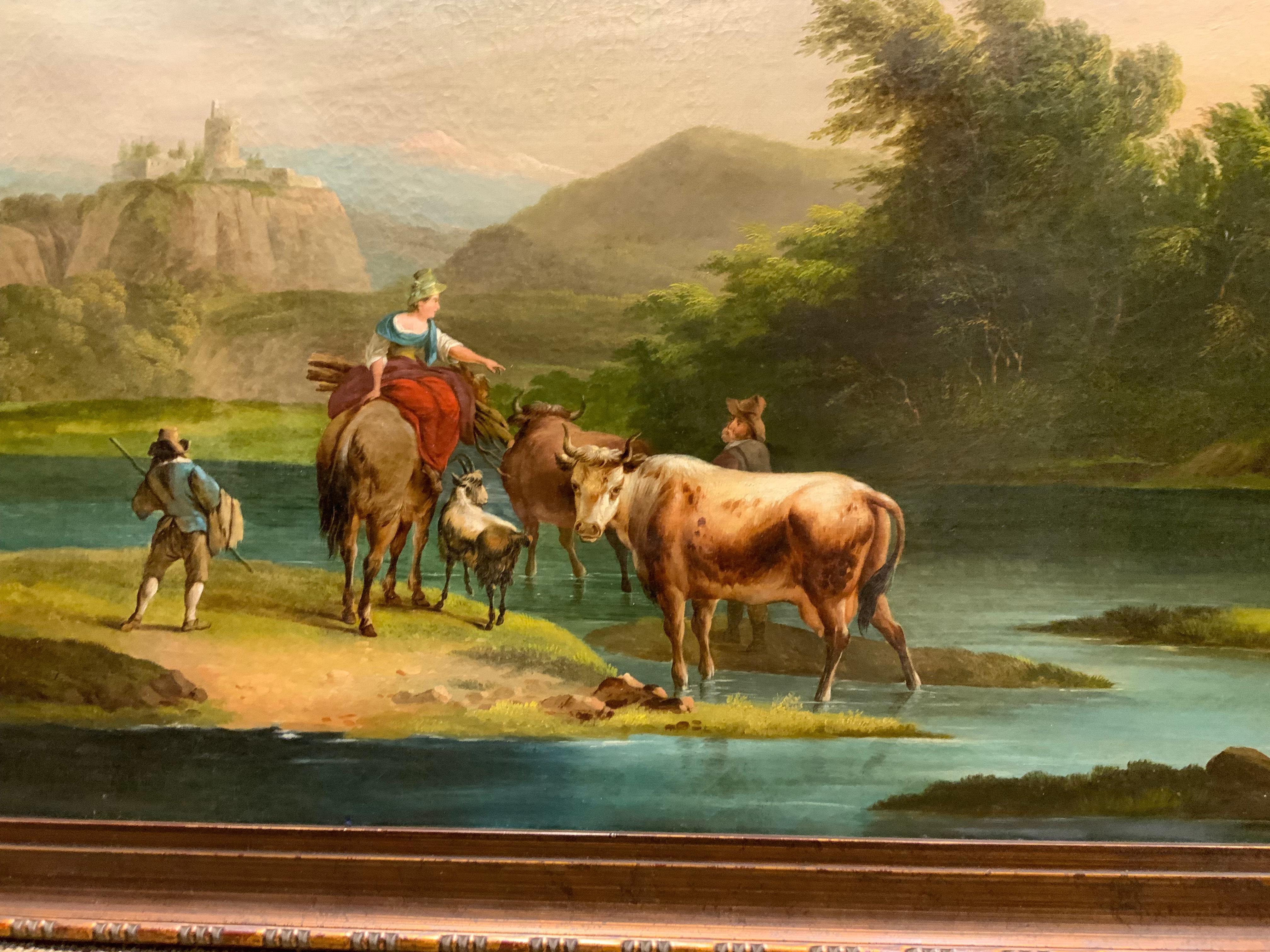European oil on canvas, 19 th century with castle and livestock In Good Condition For Sale In Houston, TX