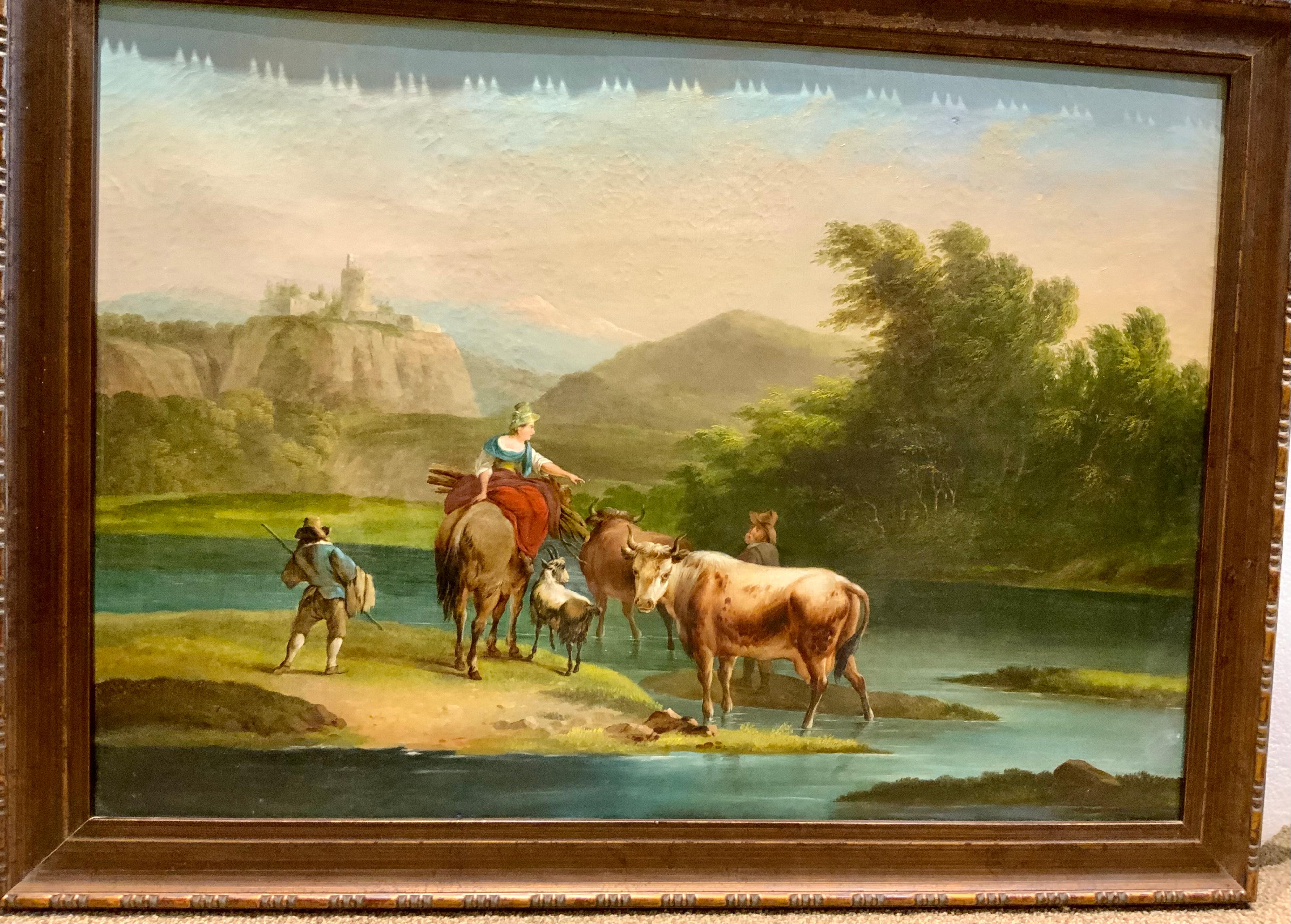 19th Century European oil on canvas, 19 th century with castle and livestock For Sale