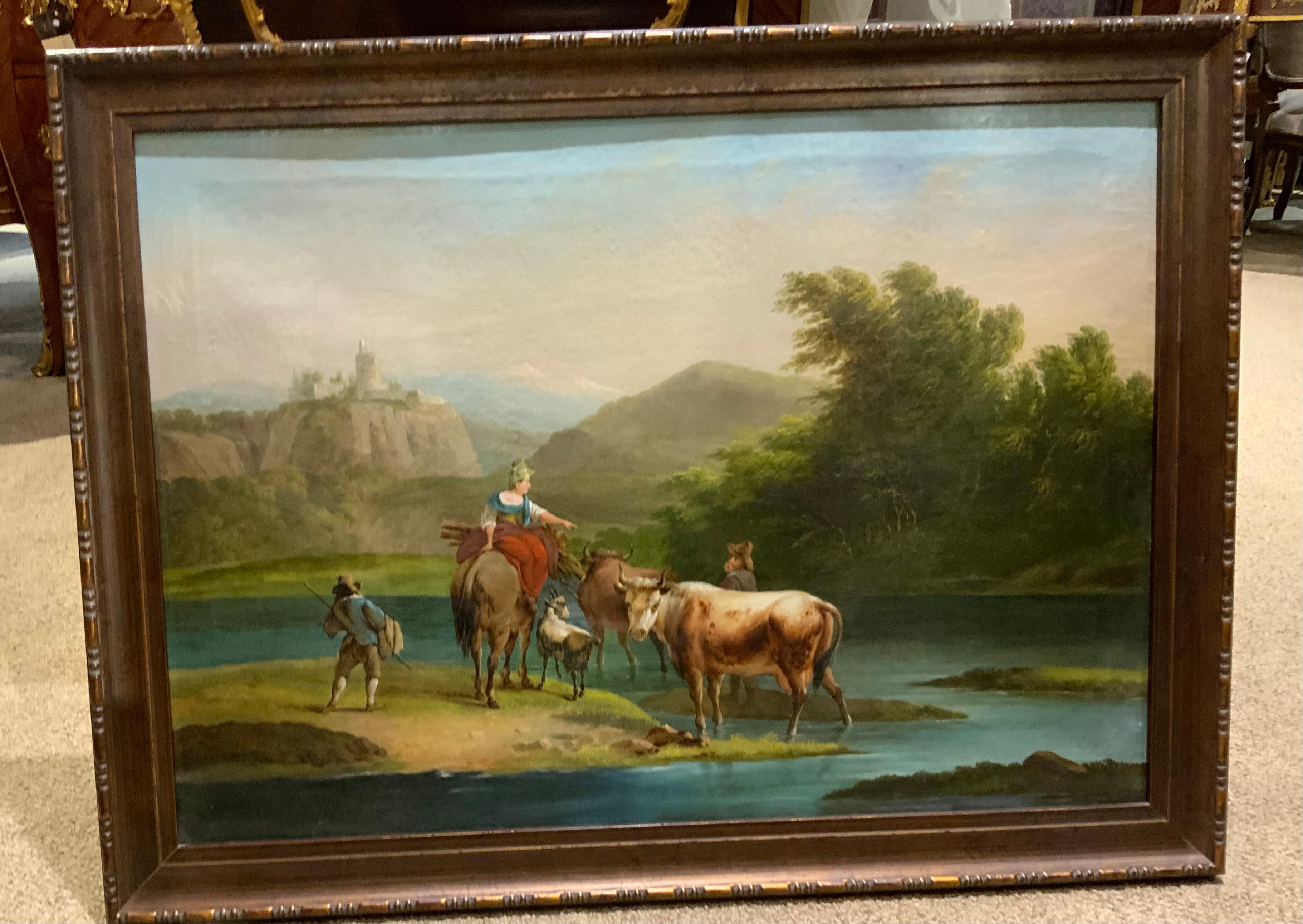 Paint European oil on canvas, 19 th century with castle and livestock For Sale