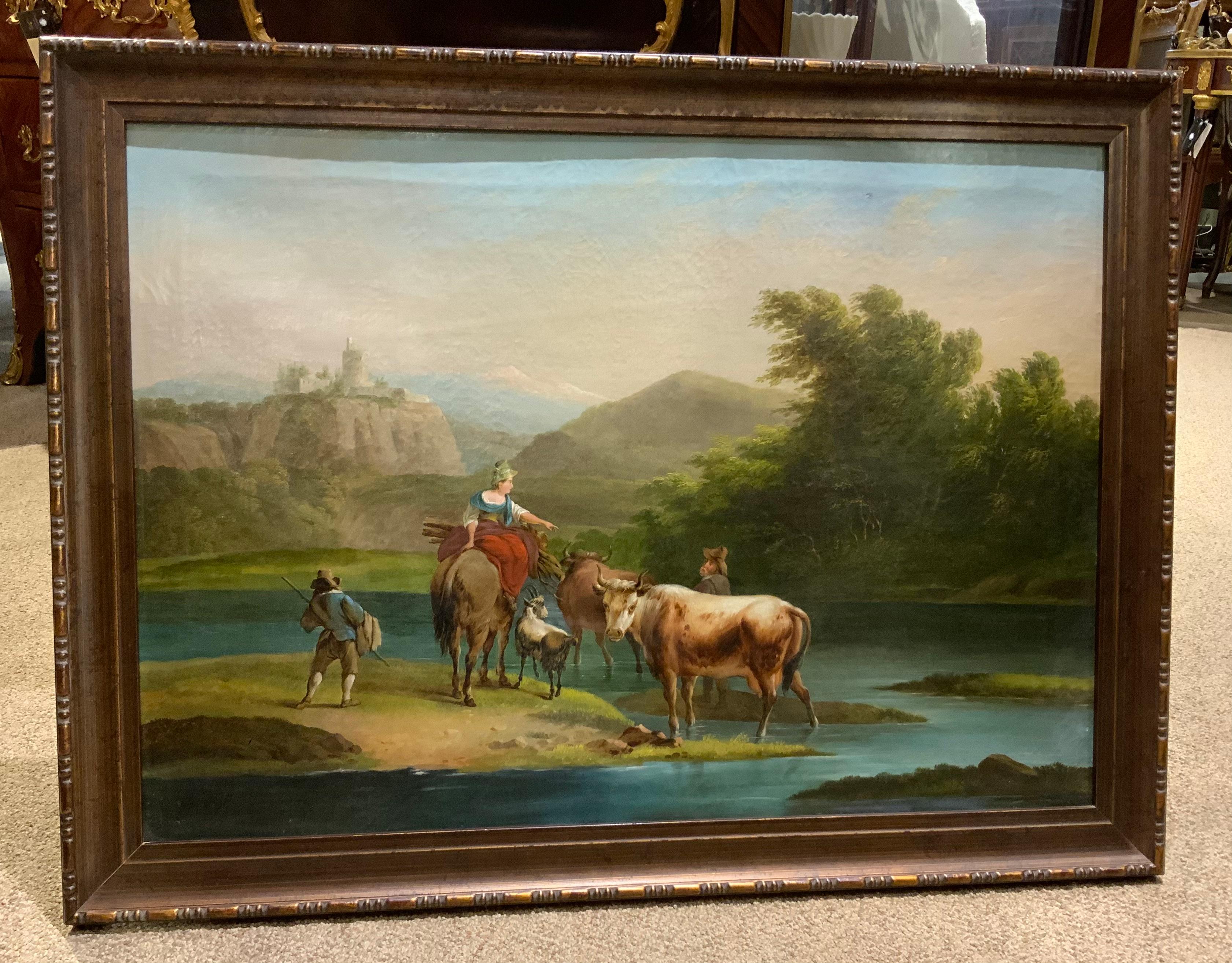 European oil on canvas, 19 th century with castle and livestock For Sale 1