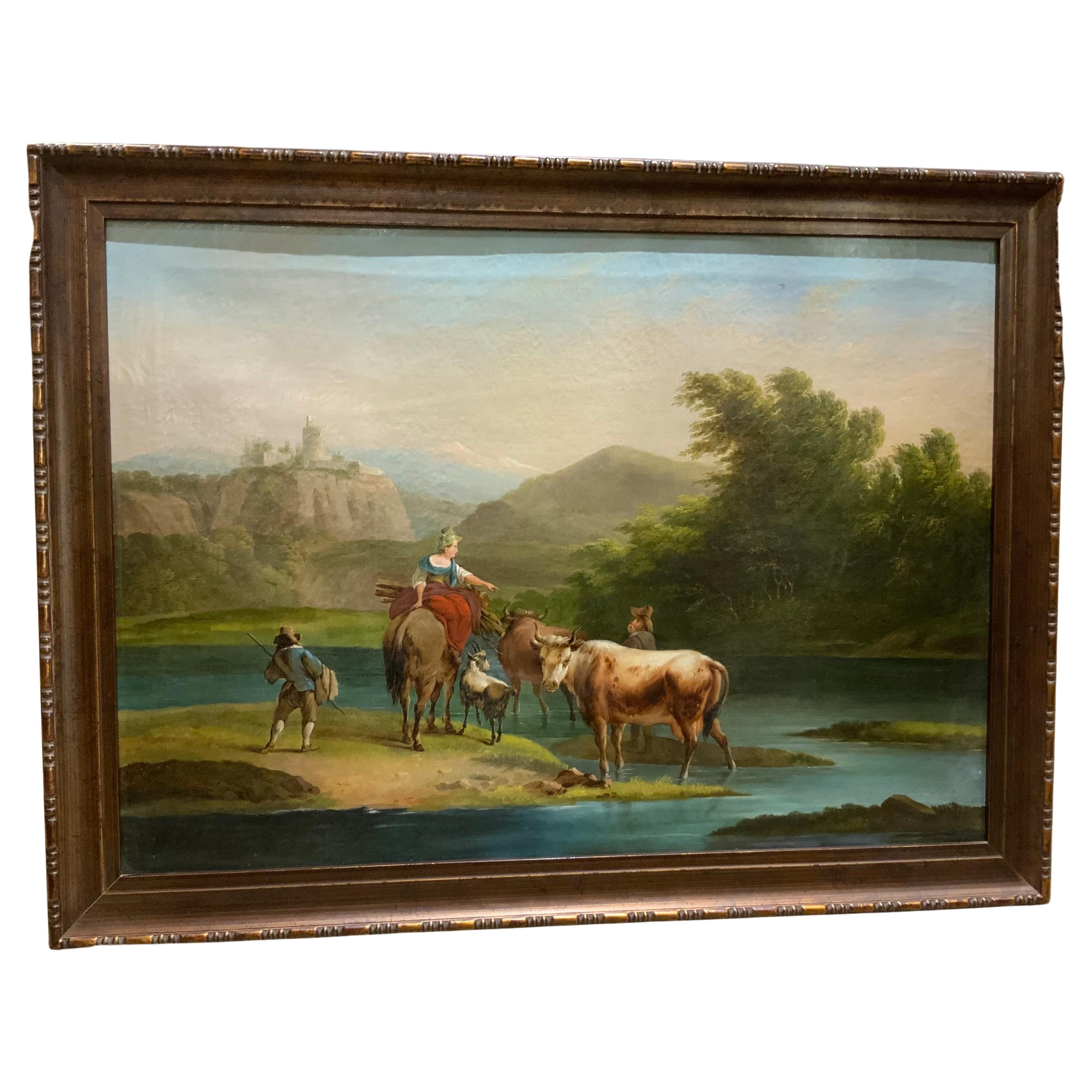 European oil on canvas, 19 th century with castle and livestock For Sale
