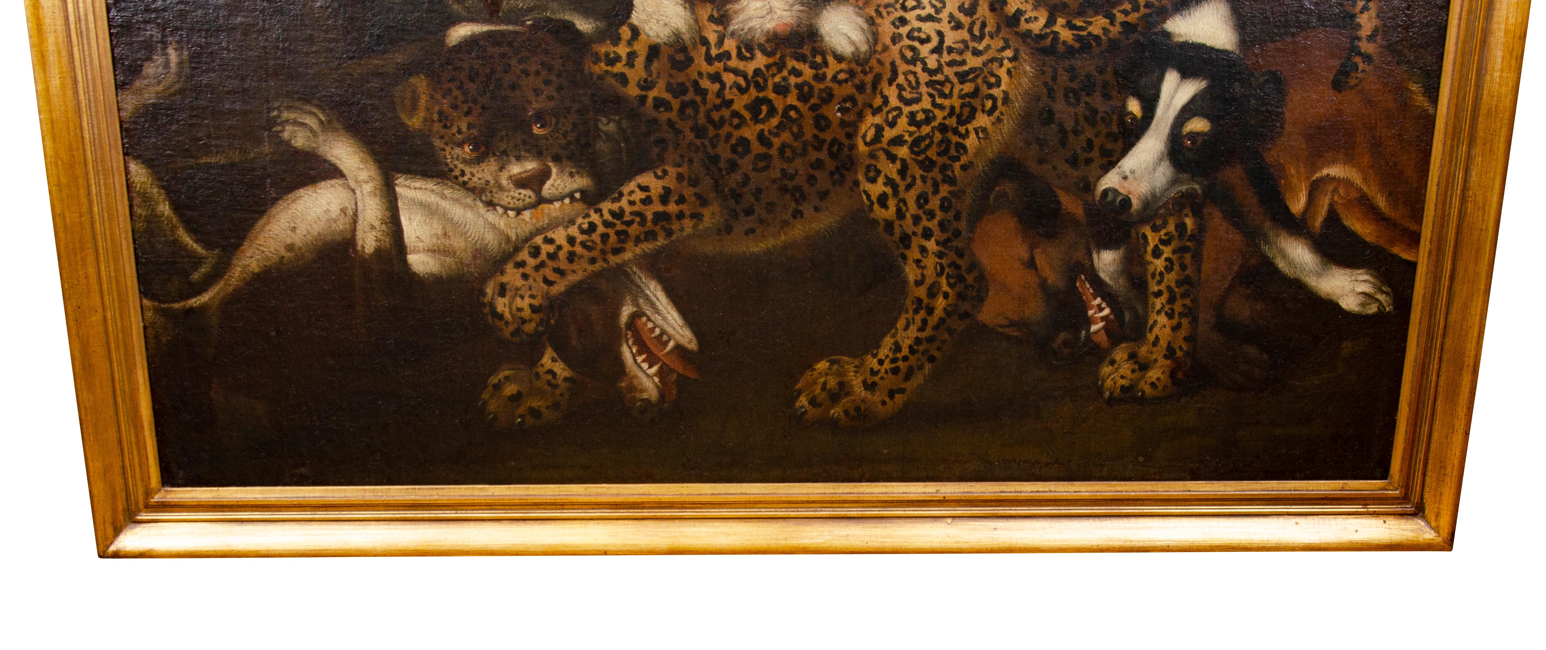 Huile sur toile européenne représentant un léopard attaqué par des chiens en vente 4
