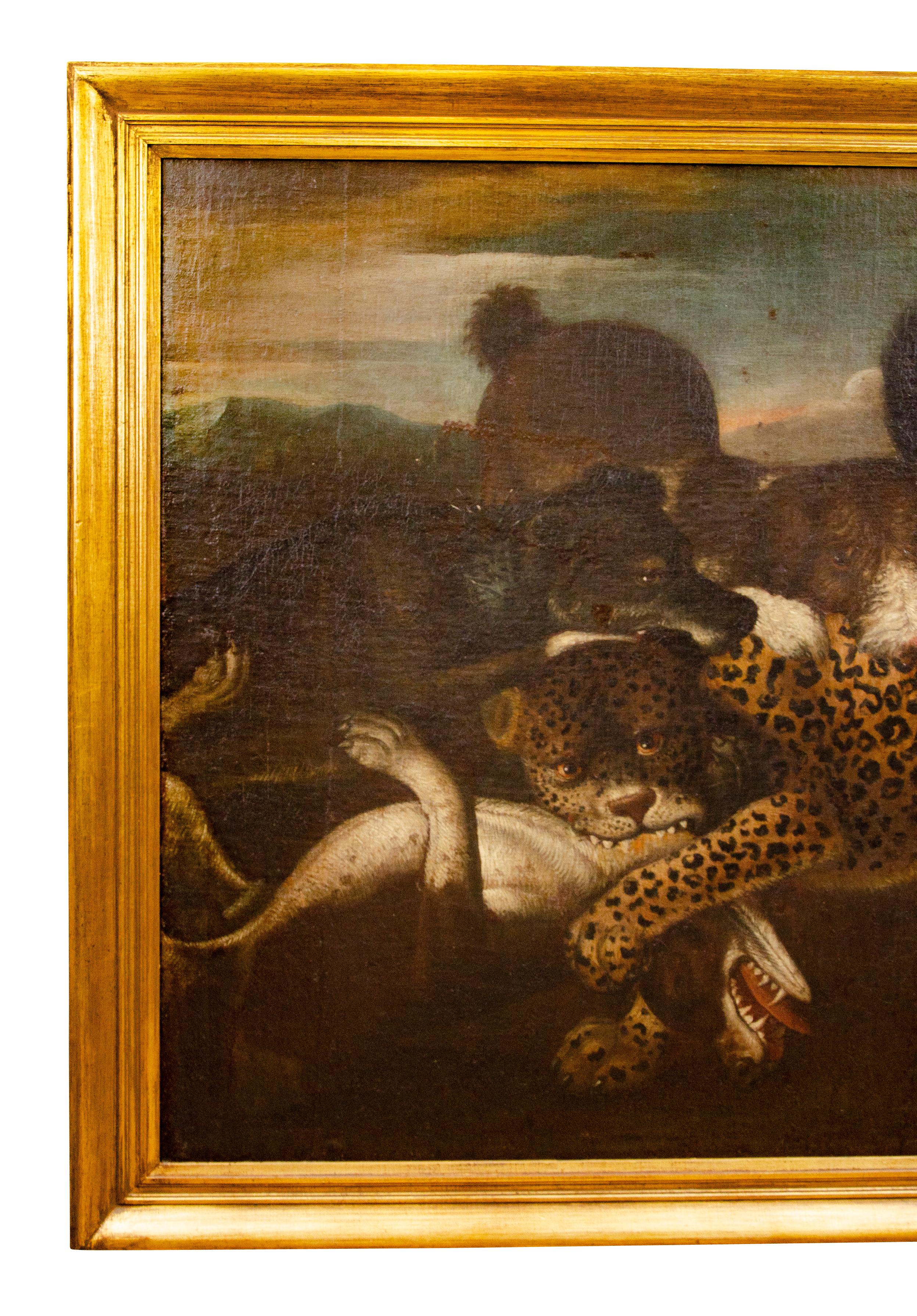 A fabulous painting with a leopard in battle with five dogs, large and dramatic, very well done. In gilt wood frame. In the manner of Flemish painter Paul de Vos.