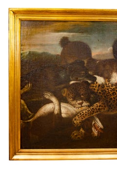 European Oil on Canvas of a Leopard Being Attacked by Dogs