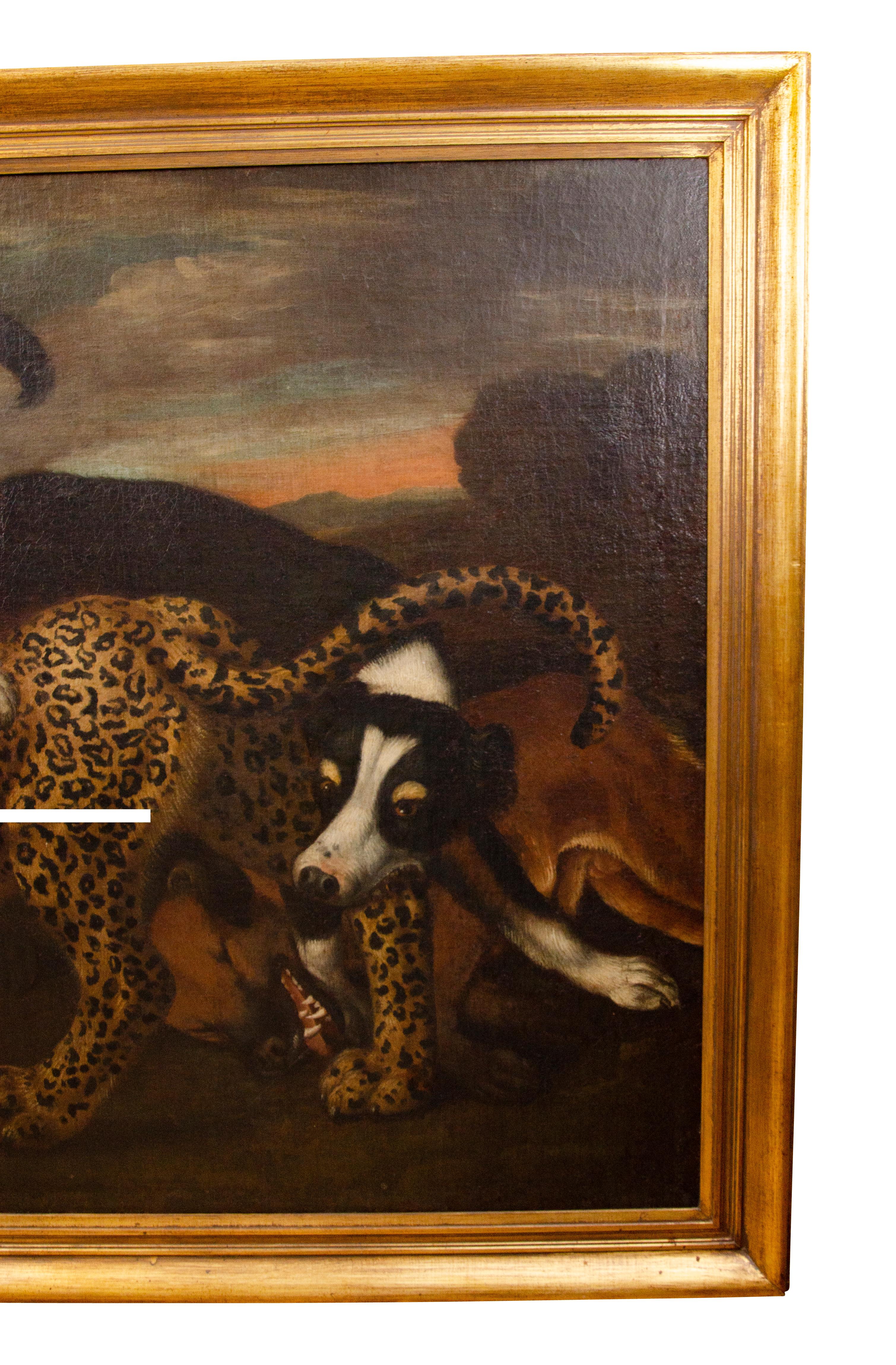 Baroque European Oil on Canvas of a Leopard Being Attacked by Dogs For Sale