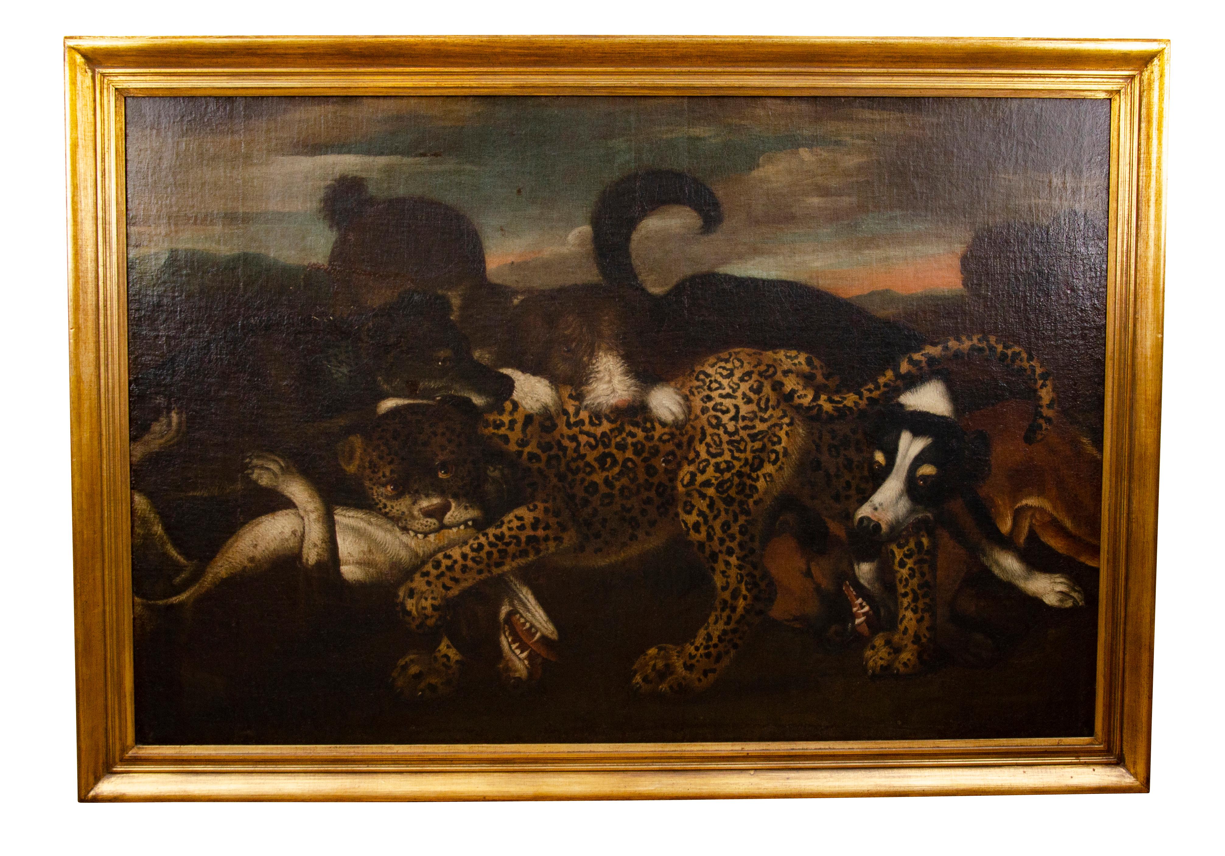 European Oil on Canvas of a Leopard Being Attacked by Dogs In Good Condition For Sale In Essex, MA