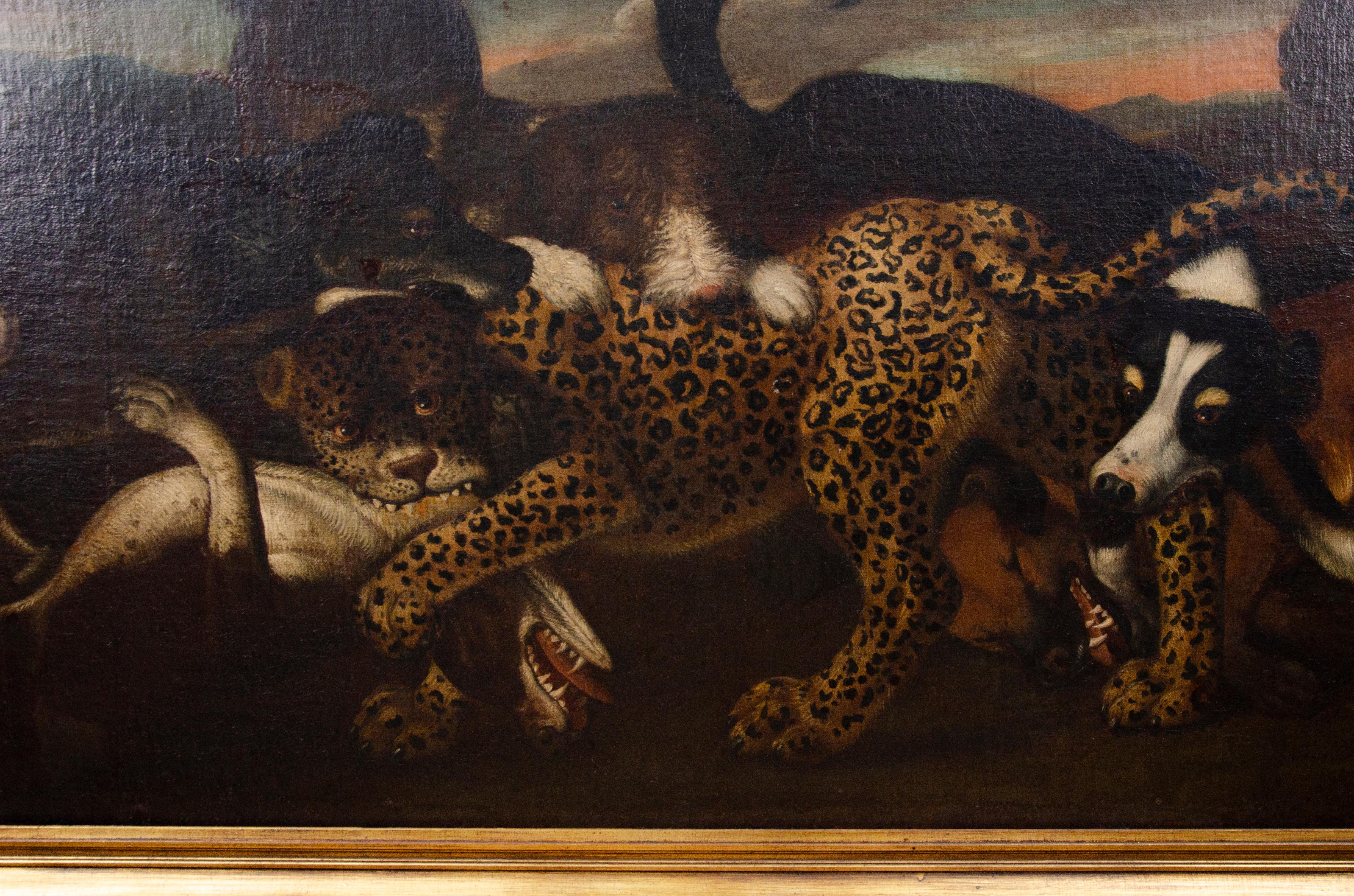 Européen Huile sur toile européenne représentant un léopard attaqué par des chiens en vente