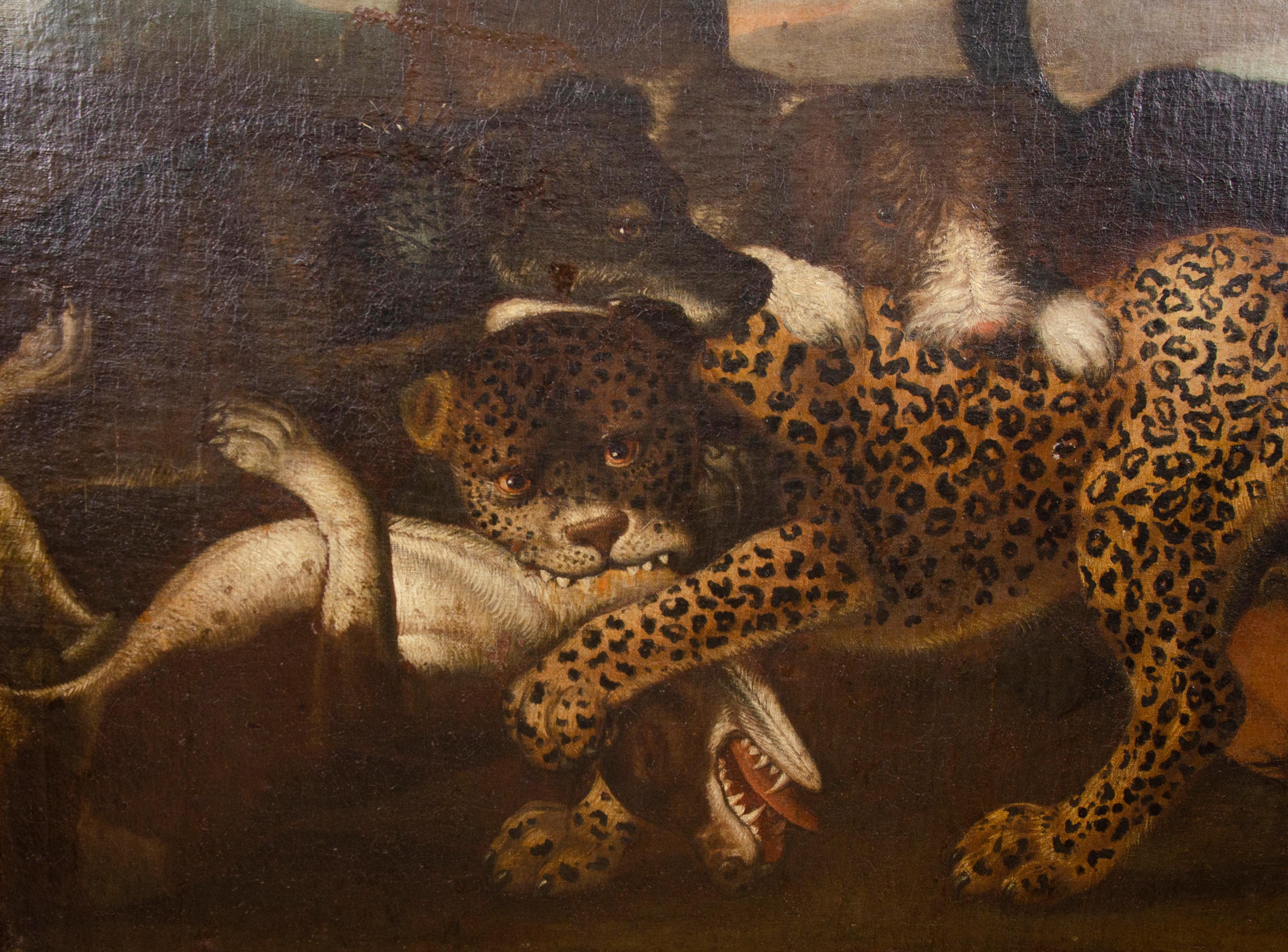 Huile sur toile européenne représentant un léopard attaqué par des chiens Bon état - En vente à Essex, MA