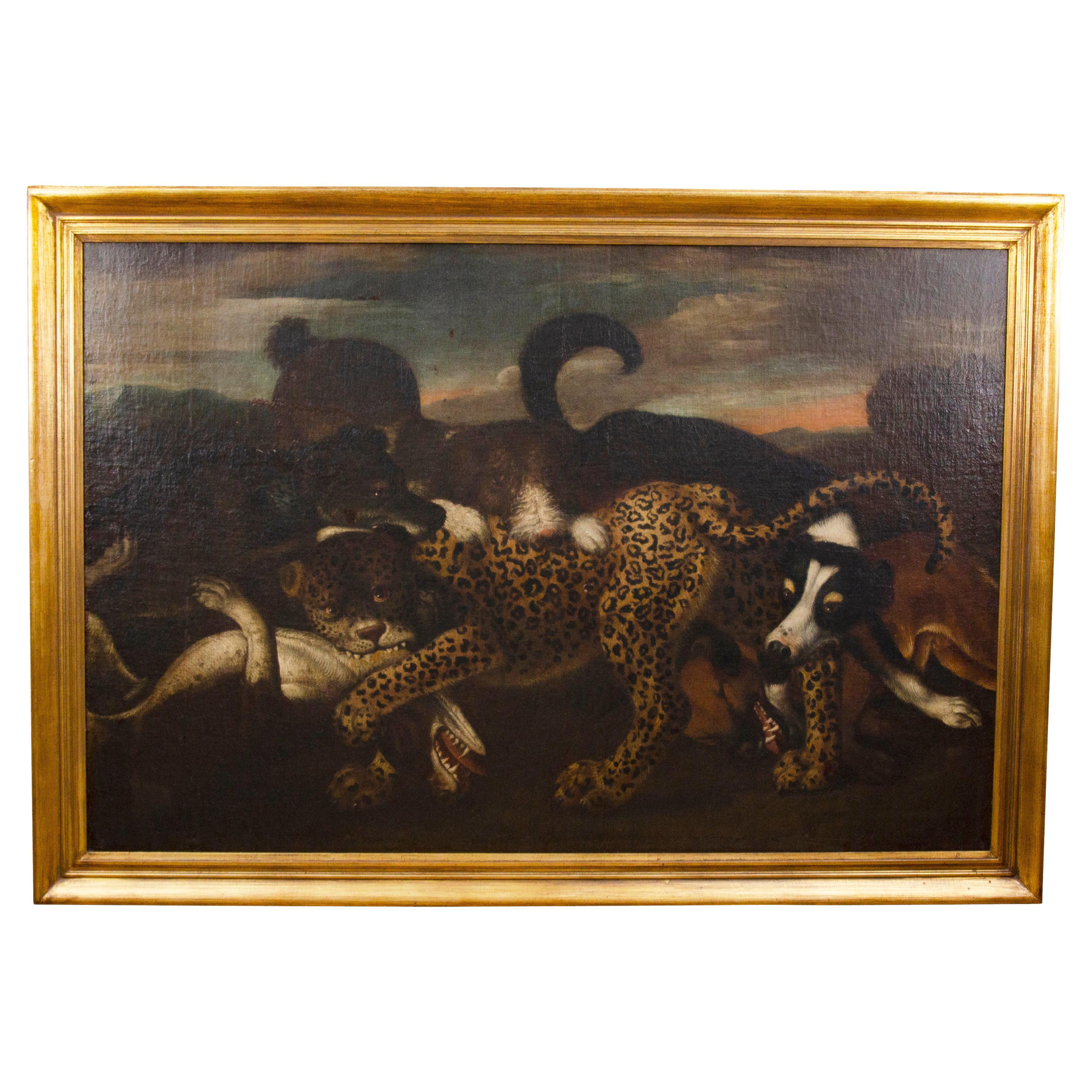 Huile sur toile européenne représentant un léopard attaqué par des chiens en vente