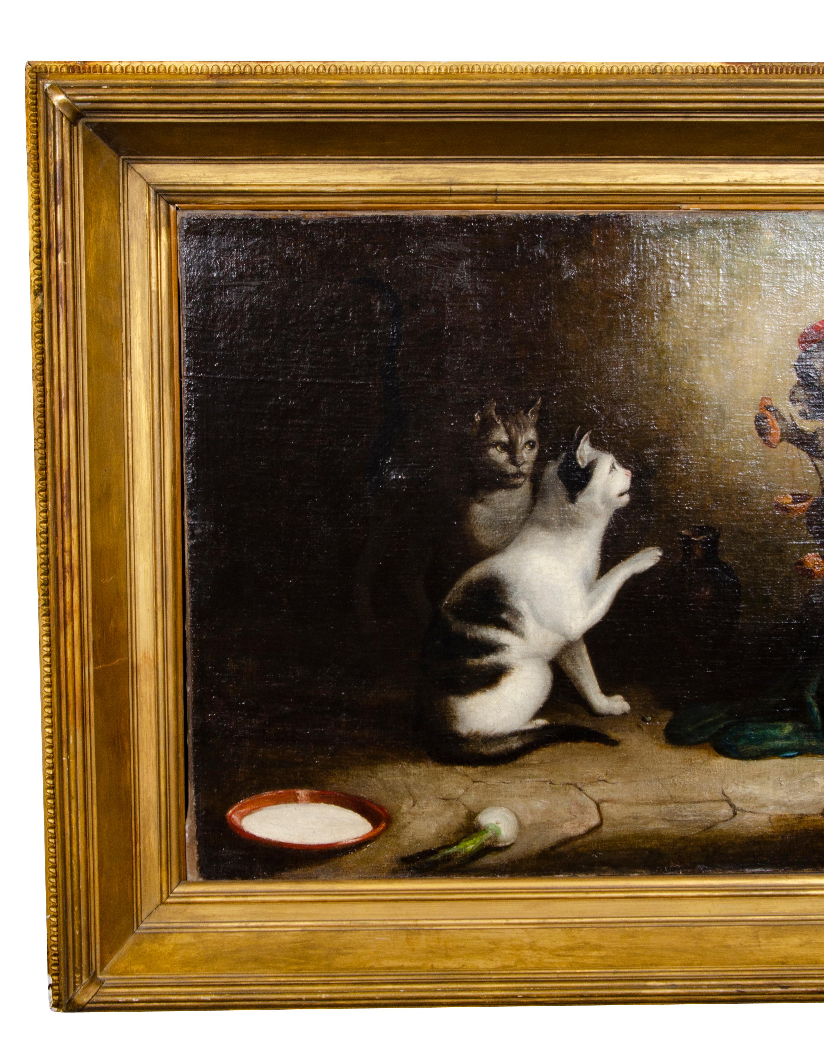 An interior scene with a monkey seated on a stump teasing two cats with what appears to be a fish. With saucer of milk and a turnip in foreground. Relined.