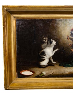 European Oil on Canvas of a Monkey and a Cat Playing