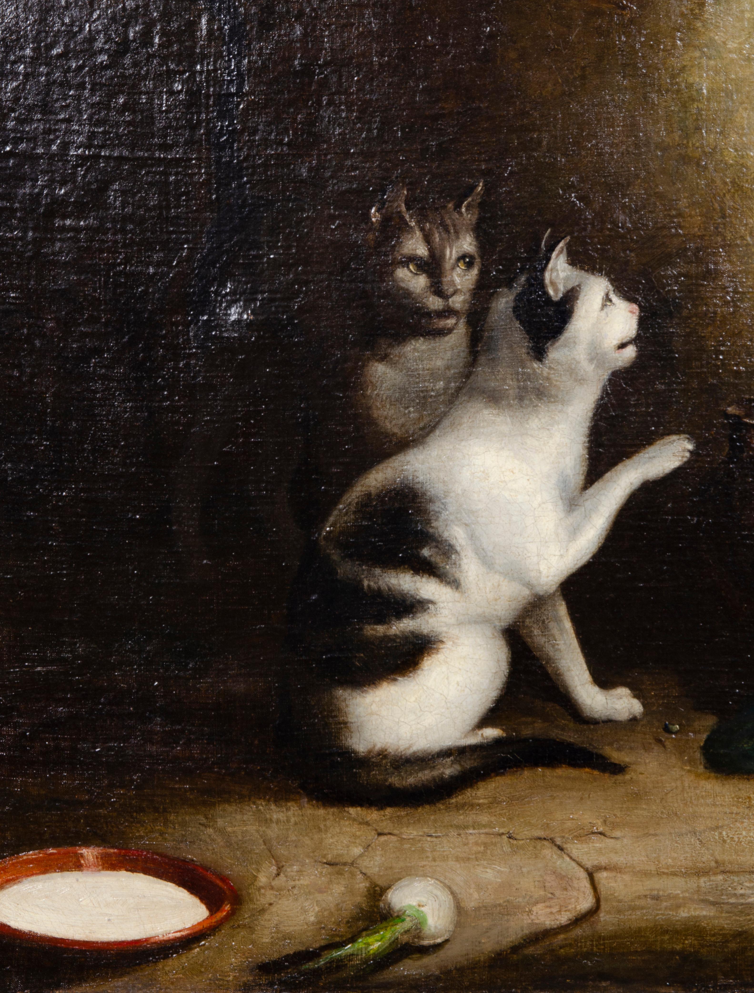 Baroque Revival European Oil on Canvas of a Monkey and a Cat Playing