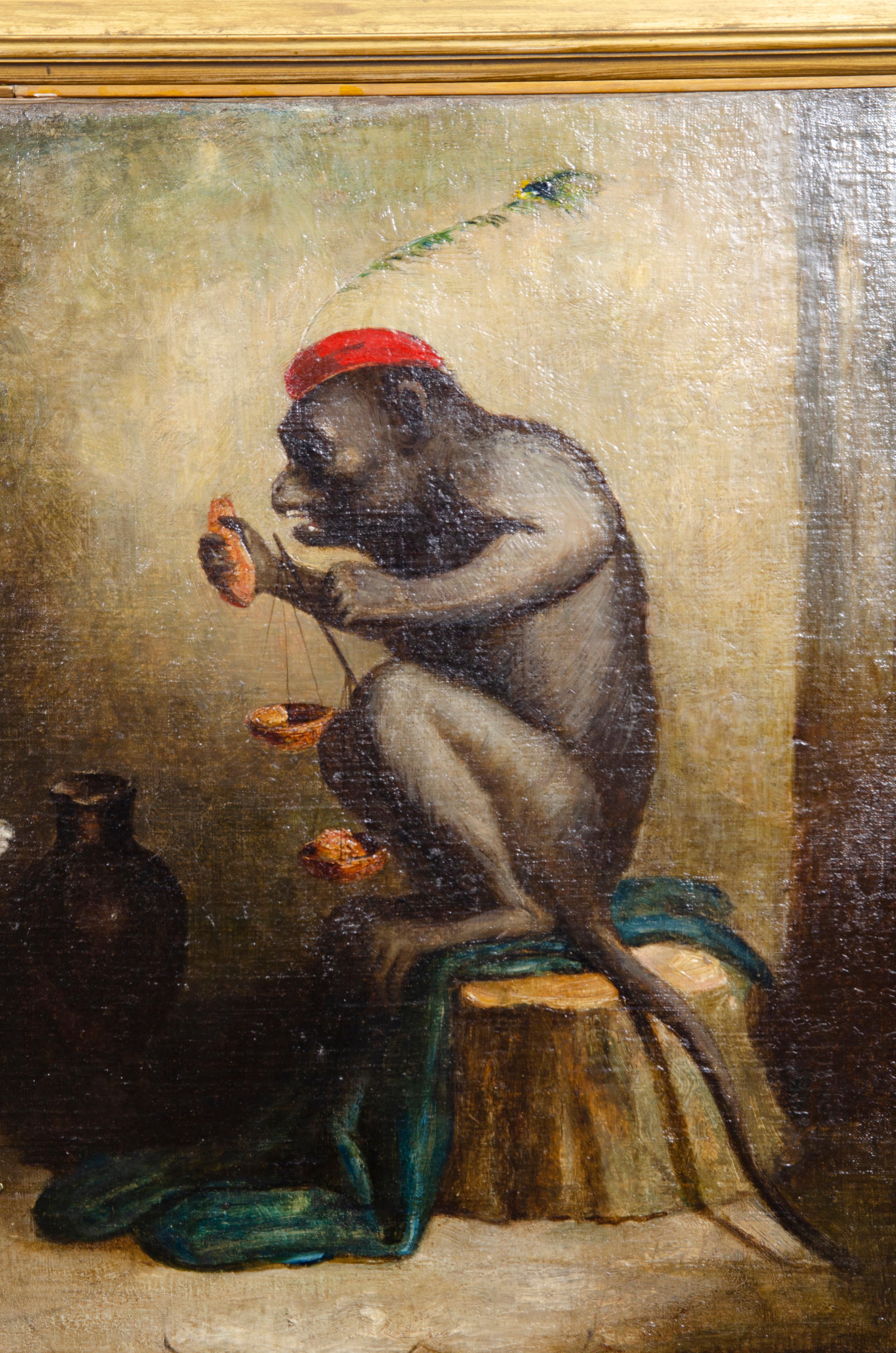 European Oil on Canvas of a Monkey and a Cat Playing In Good Condition In Essex, MA