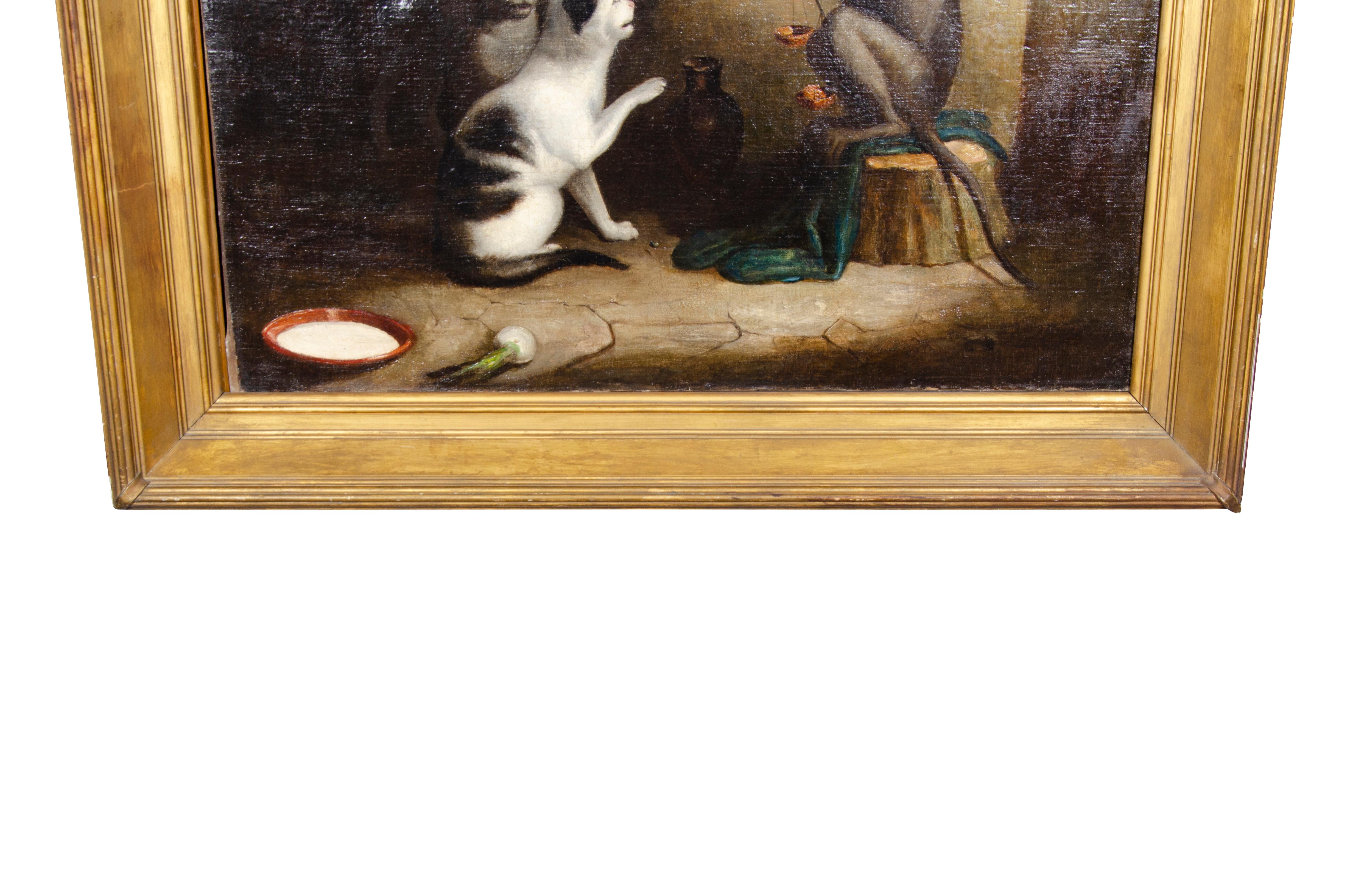 18th Century European Oil on Canvas of a Monkey and a Cat Playing