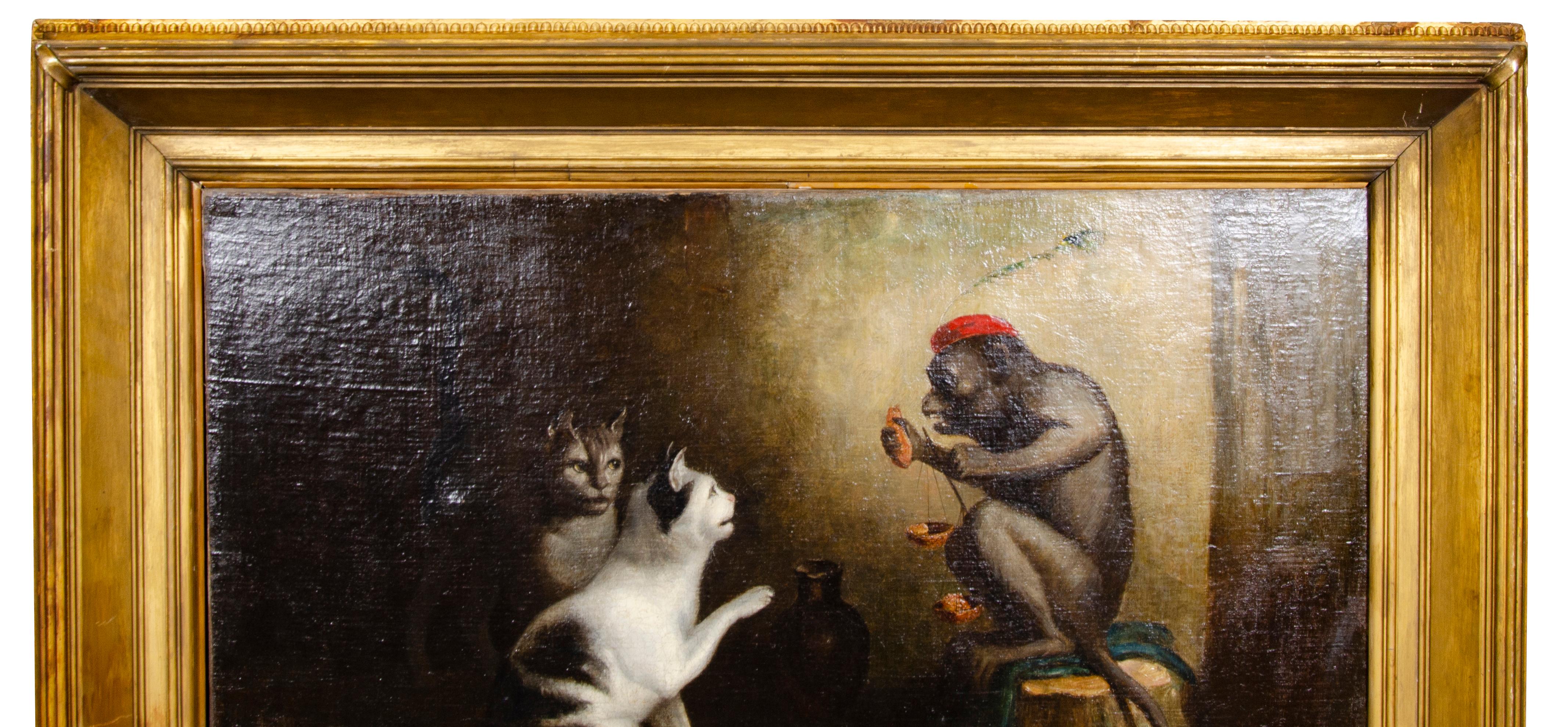 European Oil on Canvas of a Monkey and a Cat Playing 1