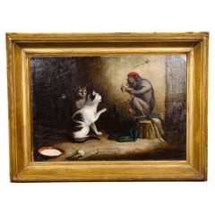 European Oil on Canvas of a Monkey and a Cat Playing