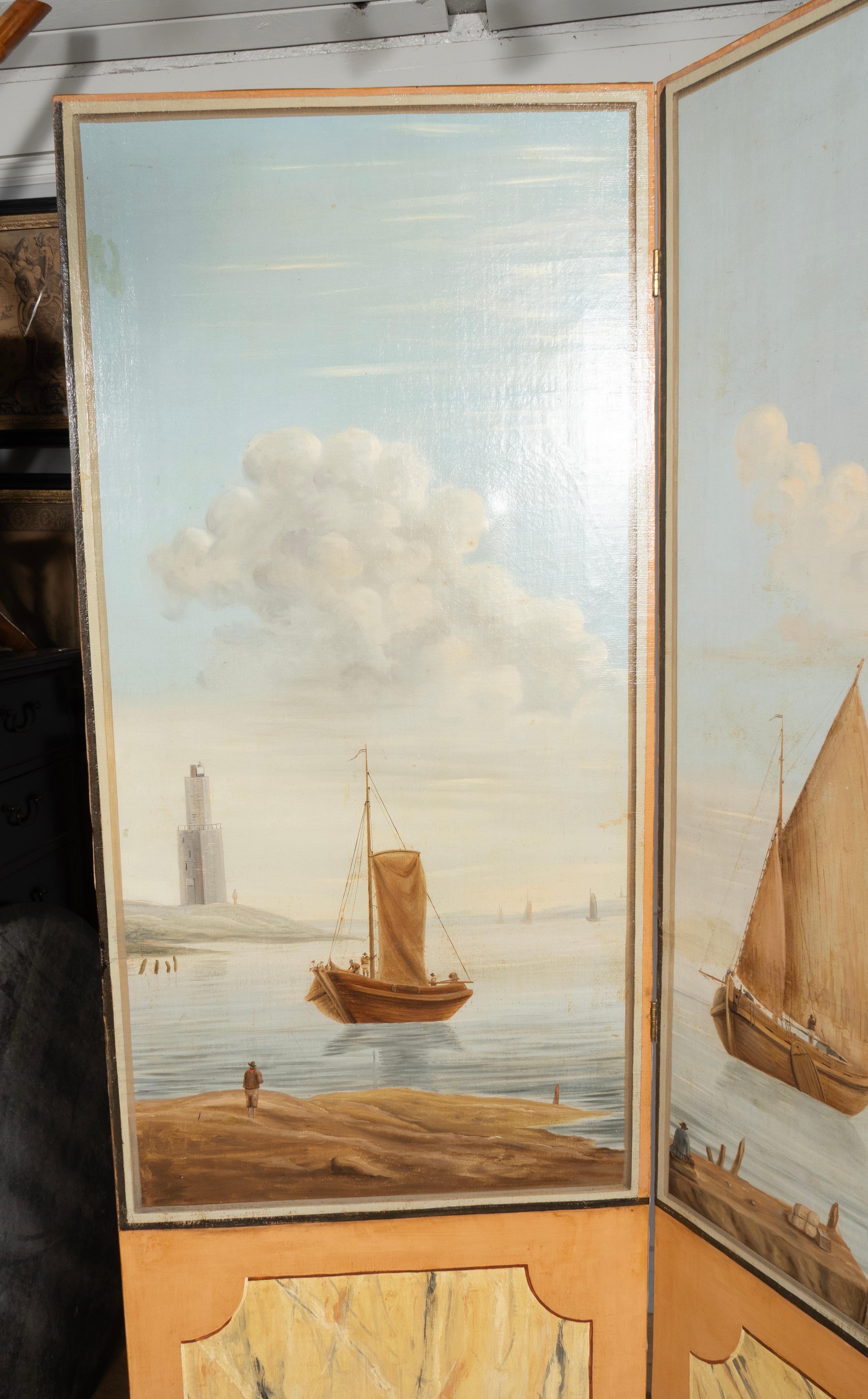 European Oil On Canvas Screen Of Land And Sea For Sale 6