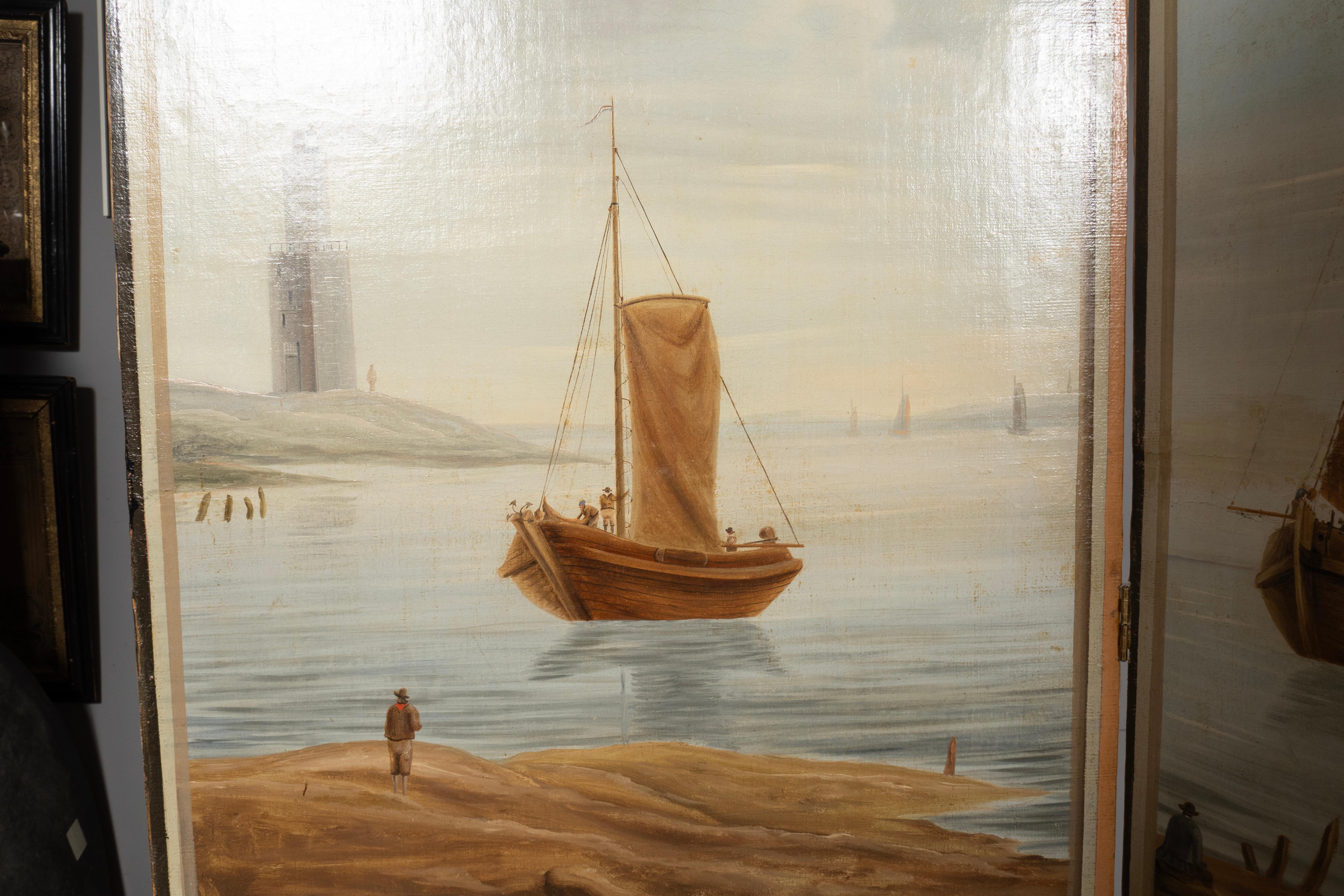 European Oil On Canvas Screen Of Land And Sea For Sale 8