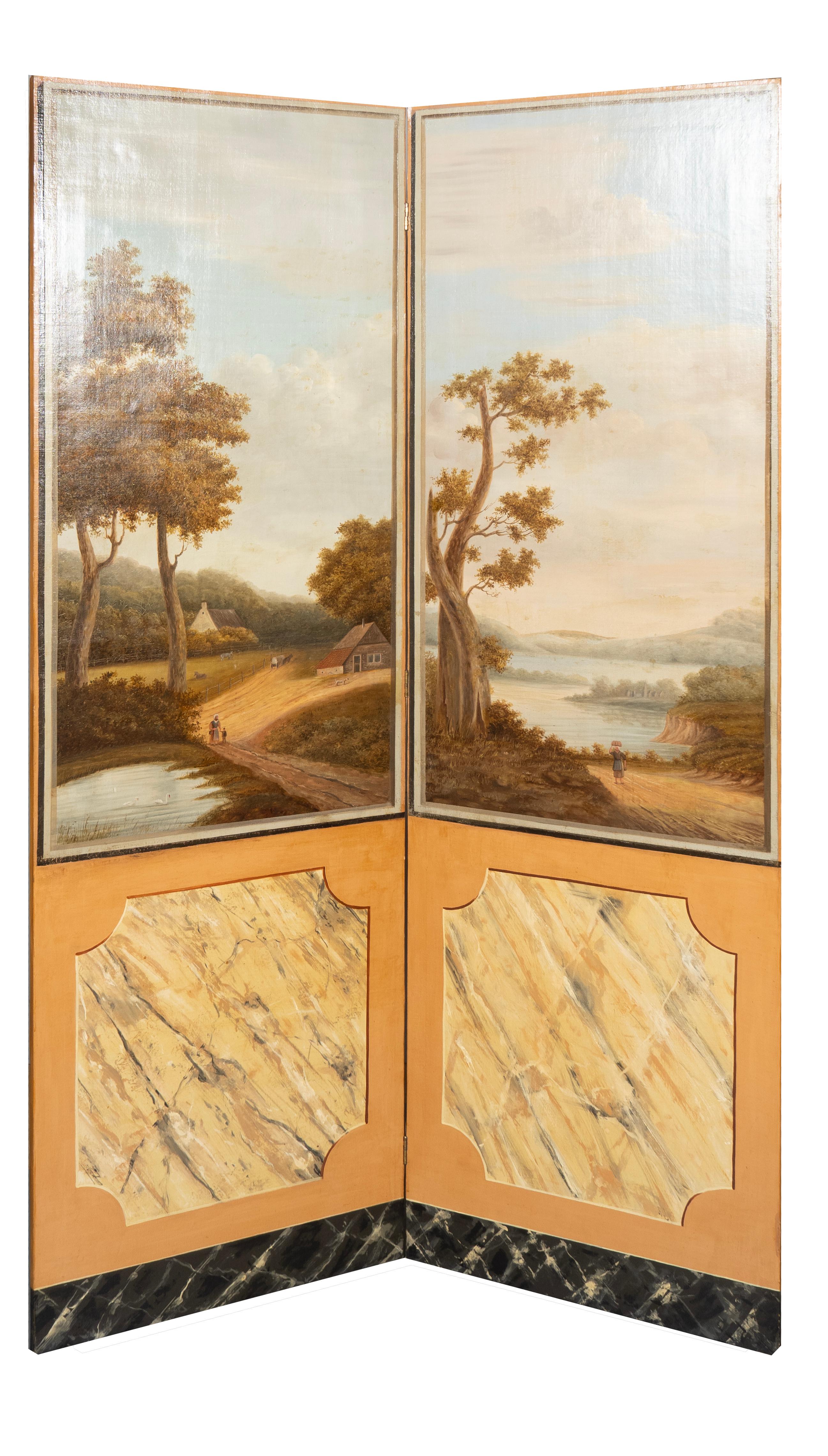 Four panel in two sections. Just cleaned and has vibrant colors. Well painted with two panels featuring a country scene and other a sea scene. Faux marbled lower section. Signed with initials BW. Screen folds compactly together.