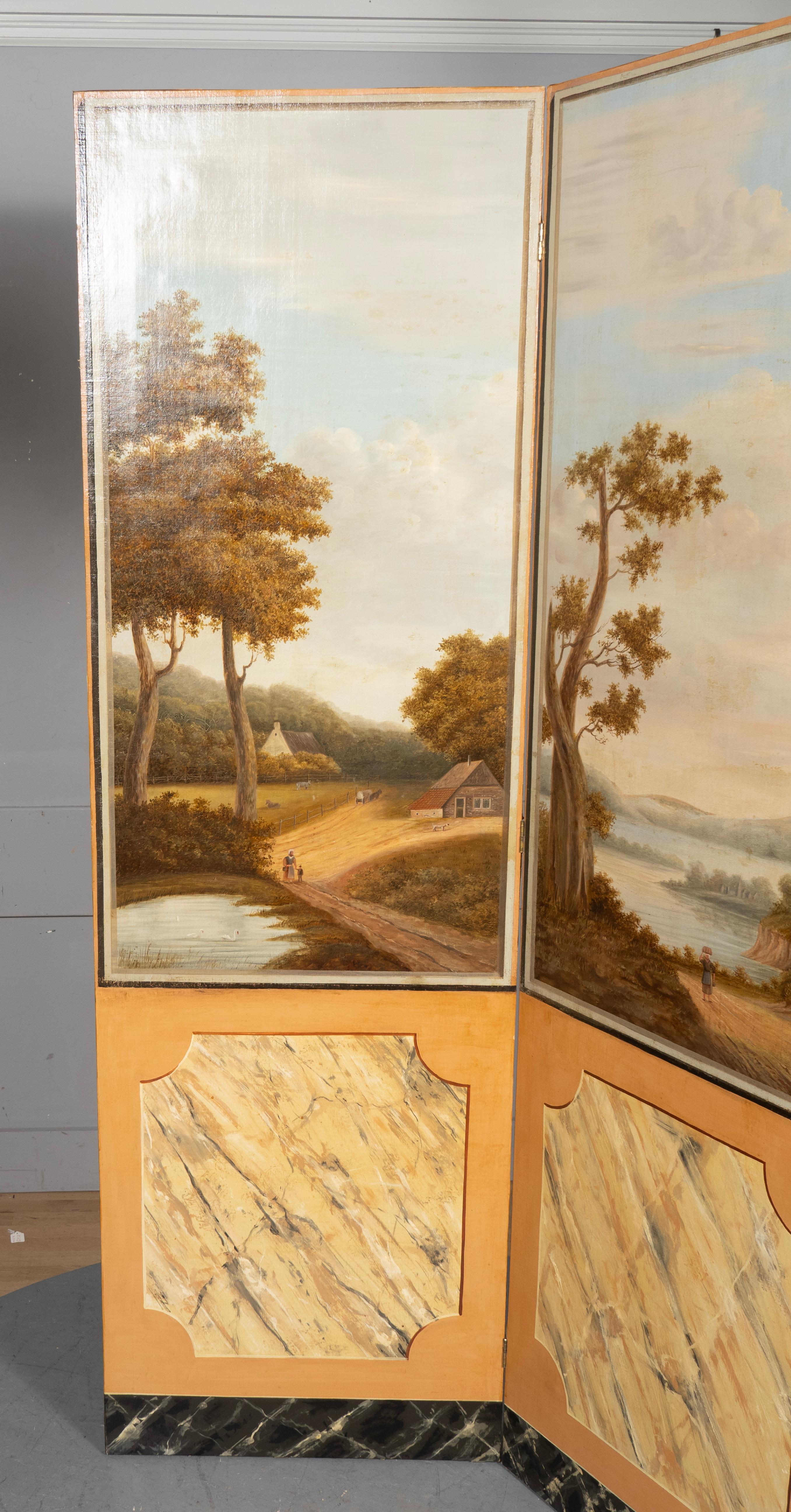 Hand-Painted European Oil On Canvas Screen Of Land And Sea For Sale