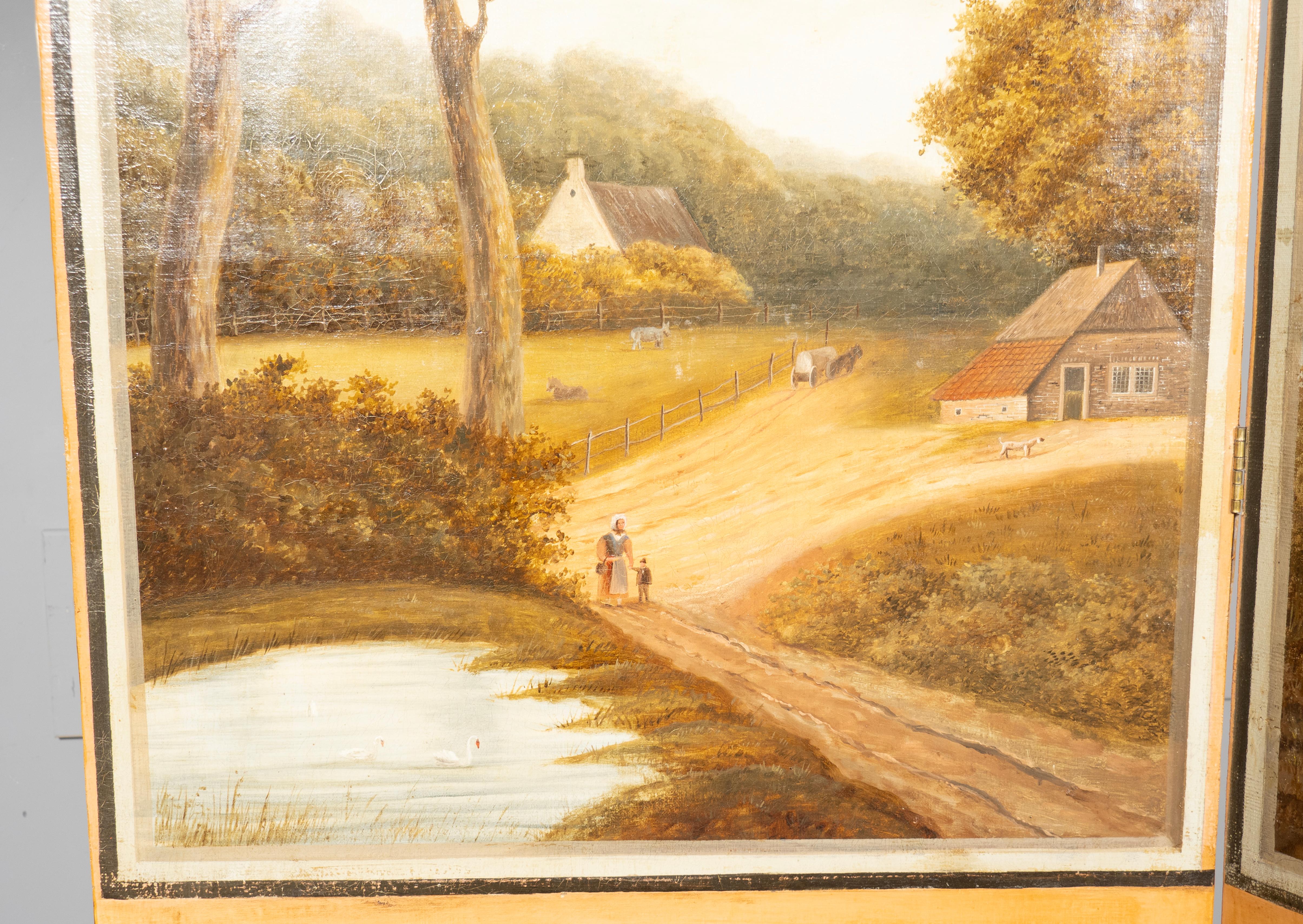 European Oil On Canvas Screen Of Land And Sea In Good Condition For Sale In Essex, MA