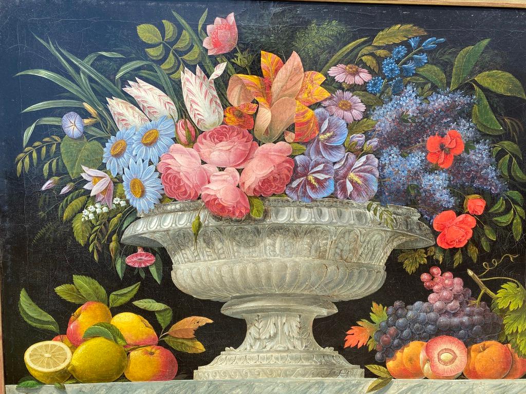 Painted European Oil on Canvas Still Life Painting of Flowers in Vase