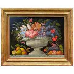 European Oil on Canvas Still Life Painting of Flowers in Vase