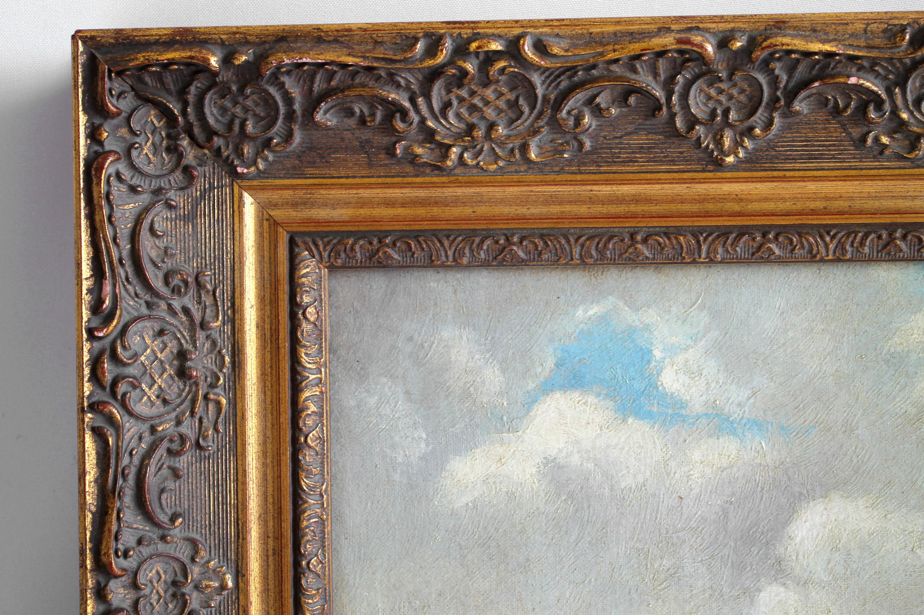 European oil painting by Burdett Mason
A scene in Holland, with a soft pale blue cloudy sky, boats floating on the water, and windmills in the distance. Set in a beautiful antique gold washed frame. Ready to hang.
Measures: 16