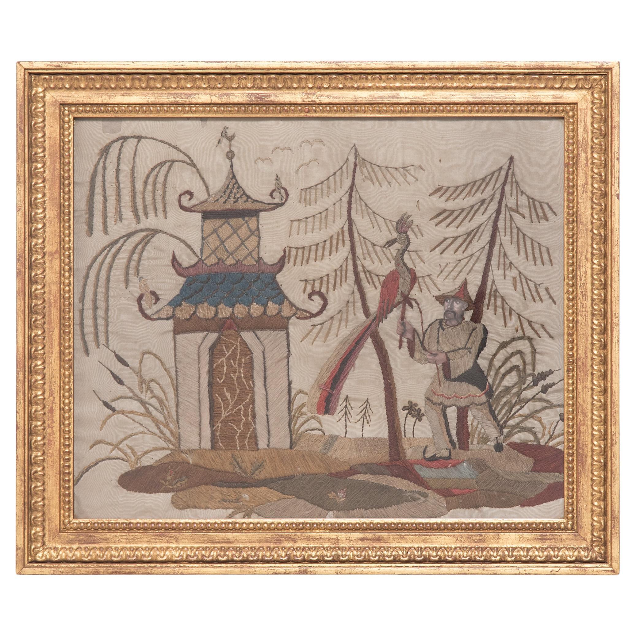 European Pagoda & Phoenix Embroidery Fragment, c. 1900 For Sale