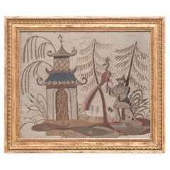 European Pagoda & Phoenix Embroidery Fragment, c. 1900