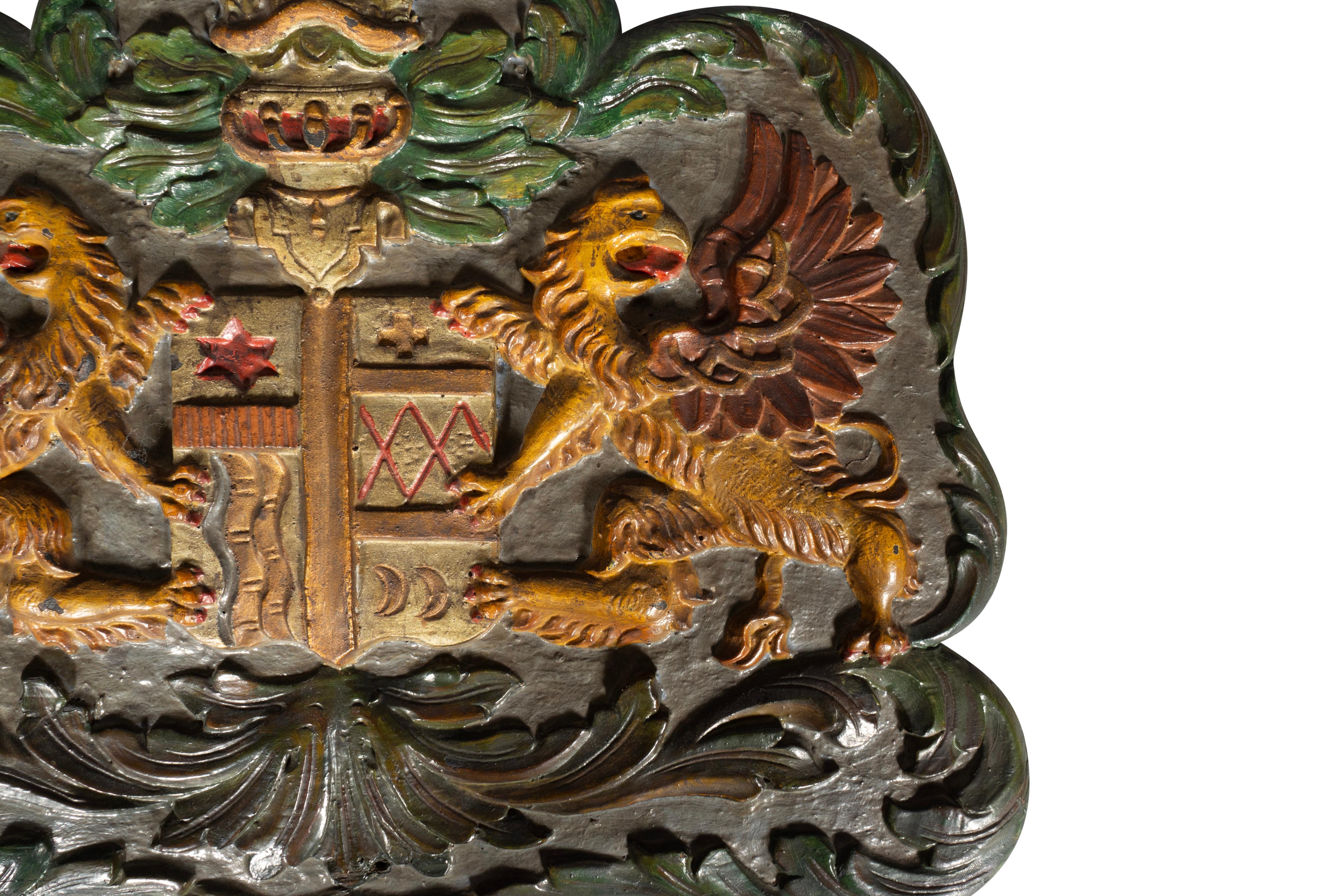 Hand-Painted European Painted Wood Coat Of Arms For Sale
