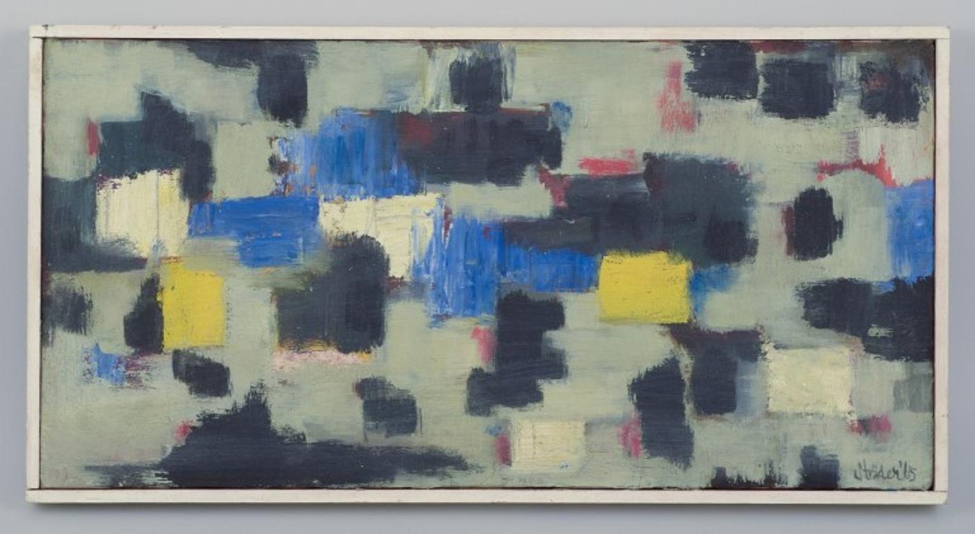 Europäischer Maler. Abstrakte Zusammensetzung.
Signiert und datiert Sträder '65 (1965).
In perfektem Zustand.
Abmessungen: 51,0 cm x 25,5 cm.
Gesamtabmessungen: 52,5 cm x 27,2 cm.