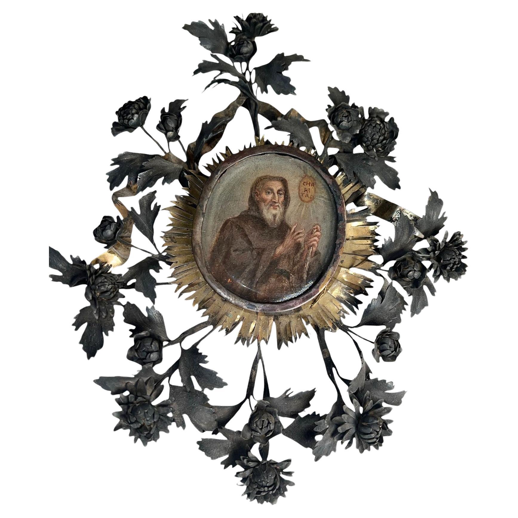 European Painting of a Saint In Silver Frame For Sale