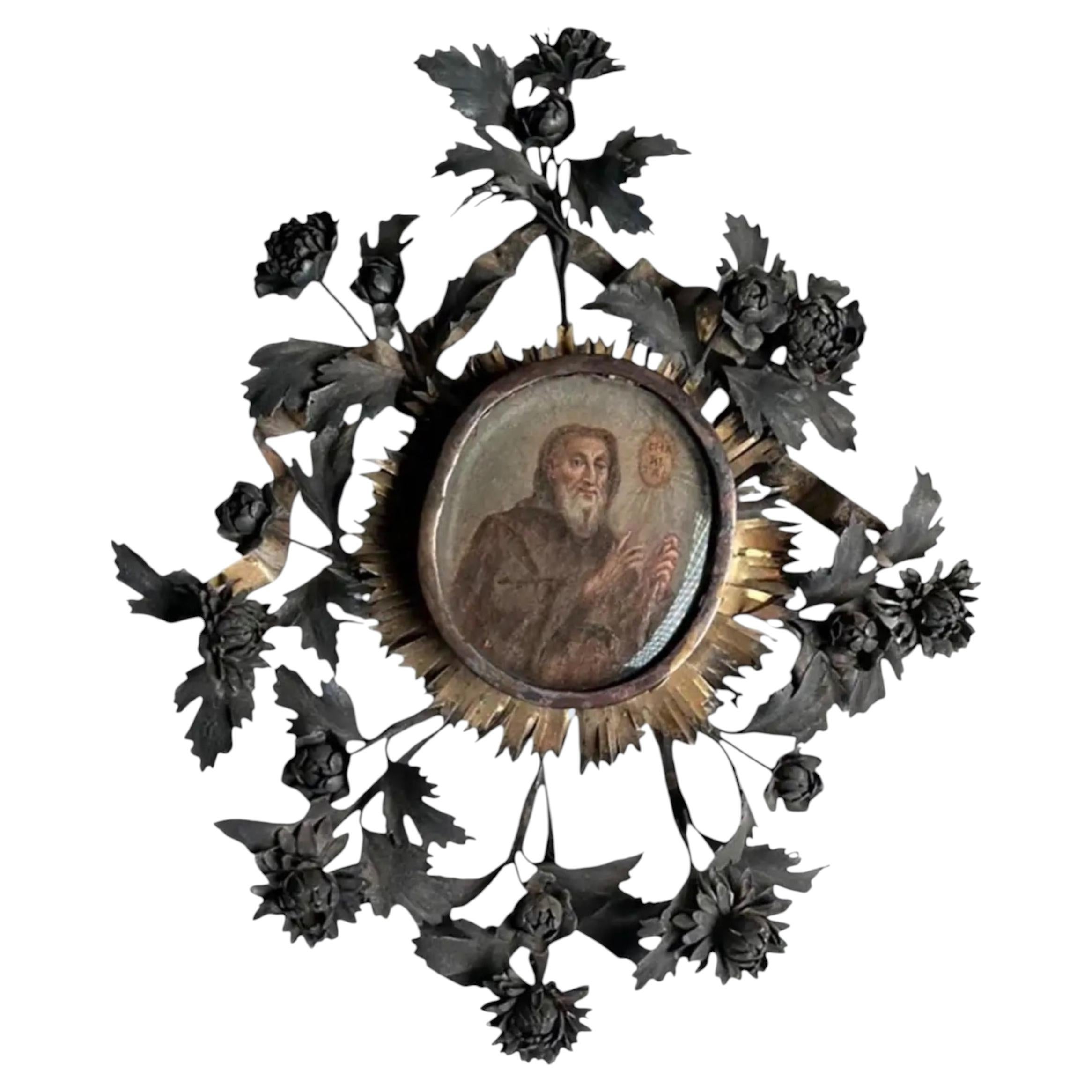 European Painting of a Saint In Silver Frame For Sale