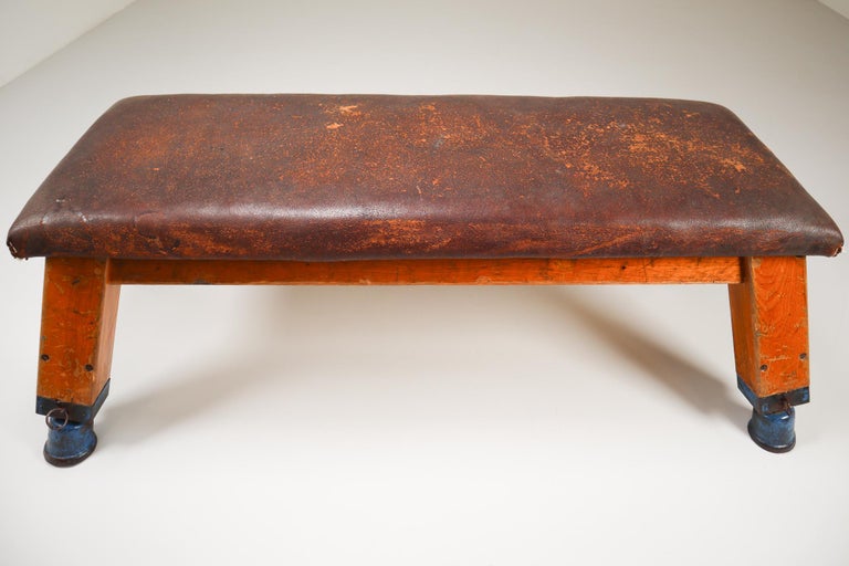European Patinated Leather Gym Bench or Table, circa 1950s at 1stDibs