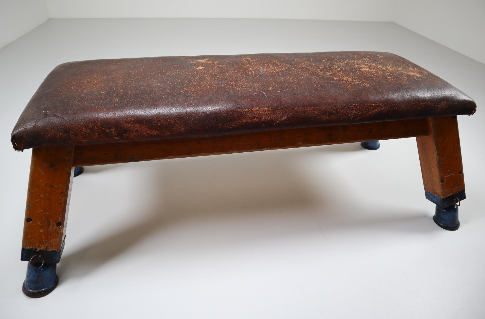 Mid-Century Modern European Patinated Leather Gym Bench or Table, circa 1950s