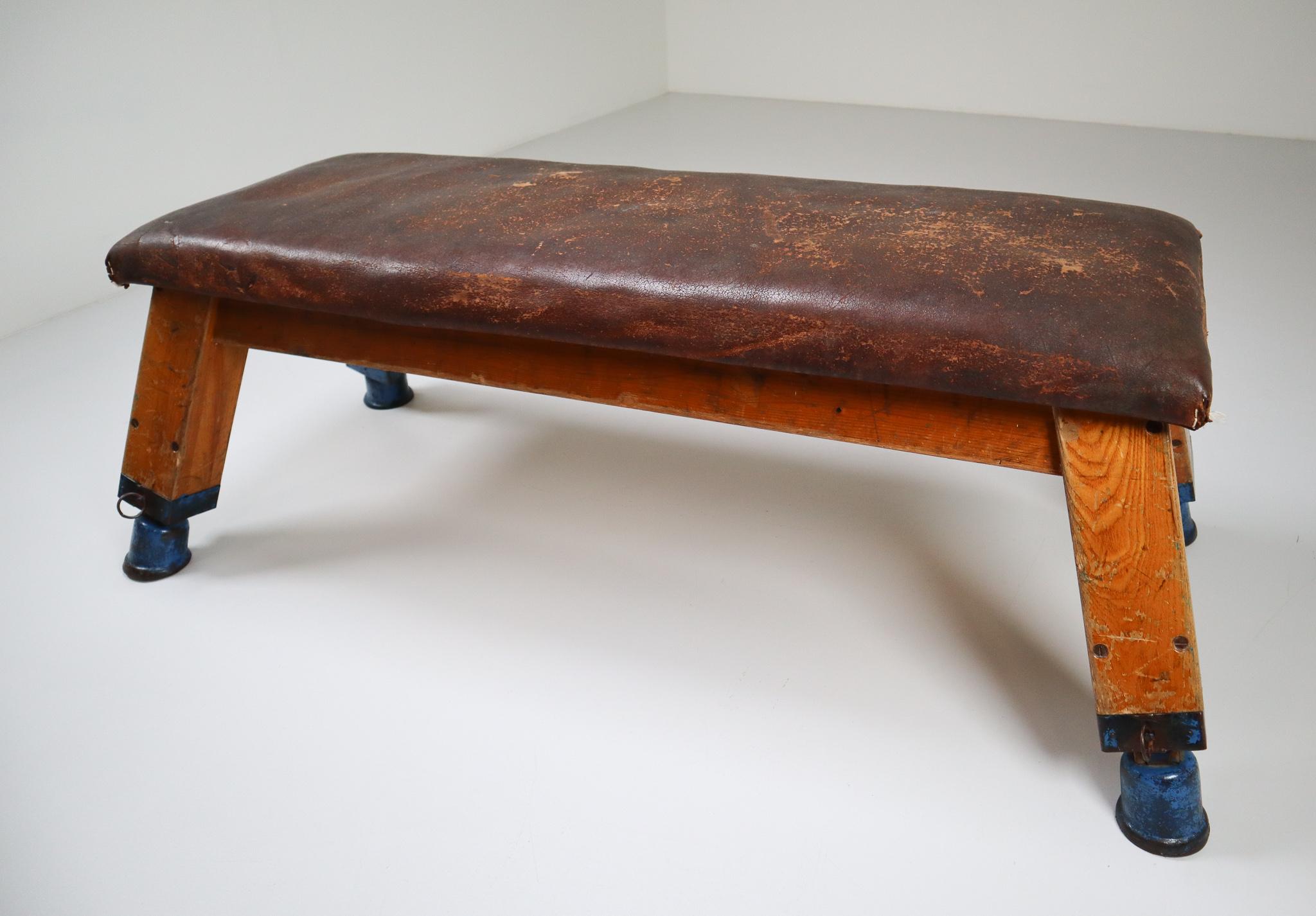 Dutch European Patinated Leather Gym Bench or Table, circa 1950s