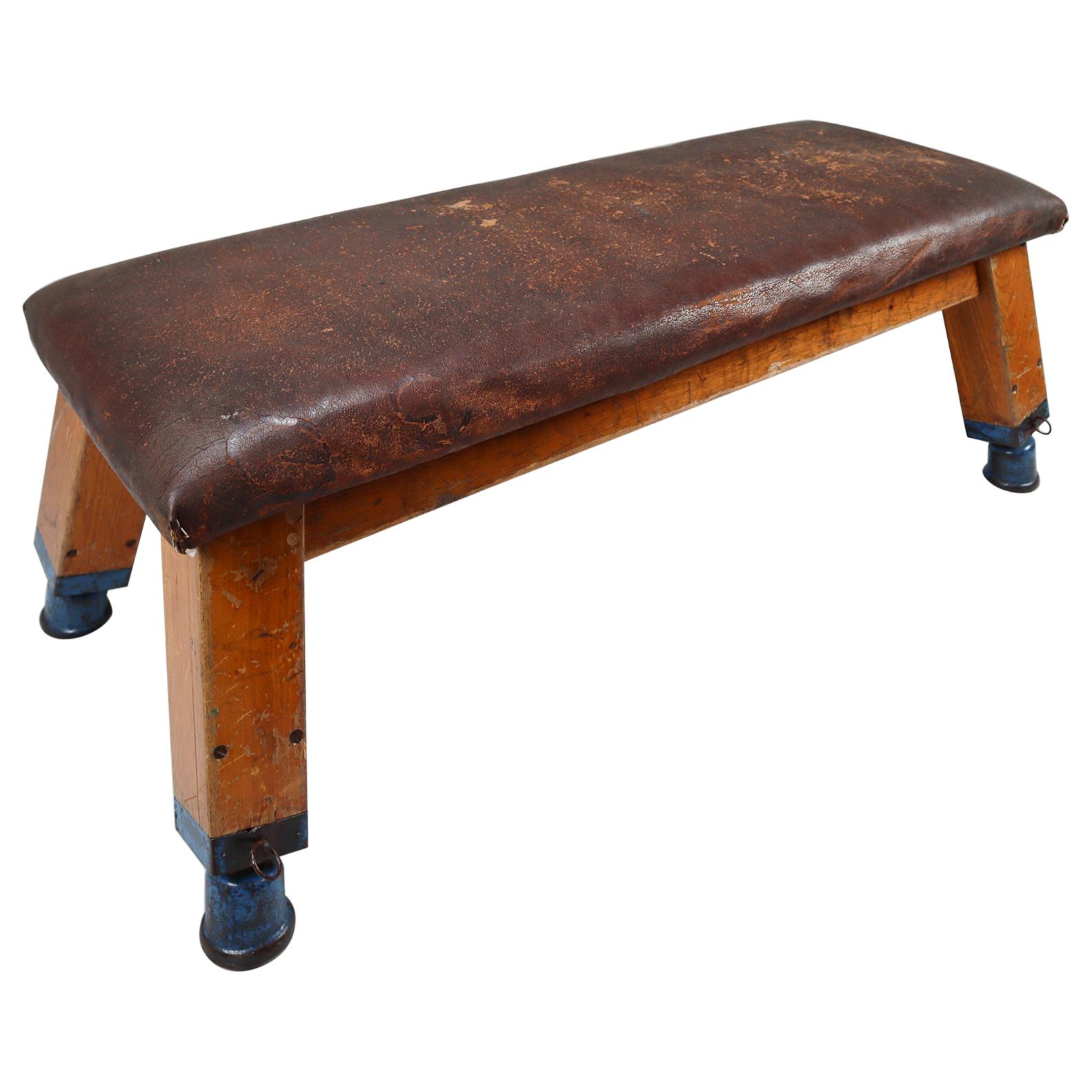 European Patinated Leather Gym Bench or Table, circa 1950s