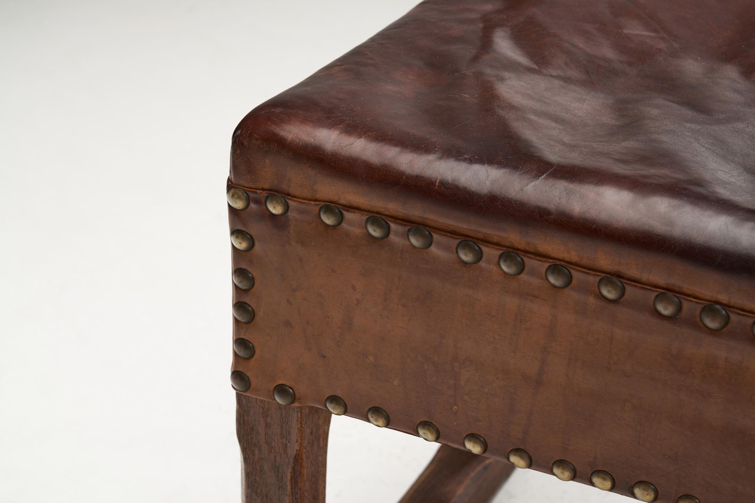 European Patinated Oak and Leather Chairs with Upholstery Tacks, Europe Ca 1900s 6