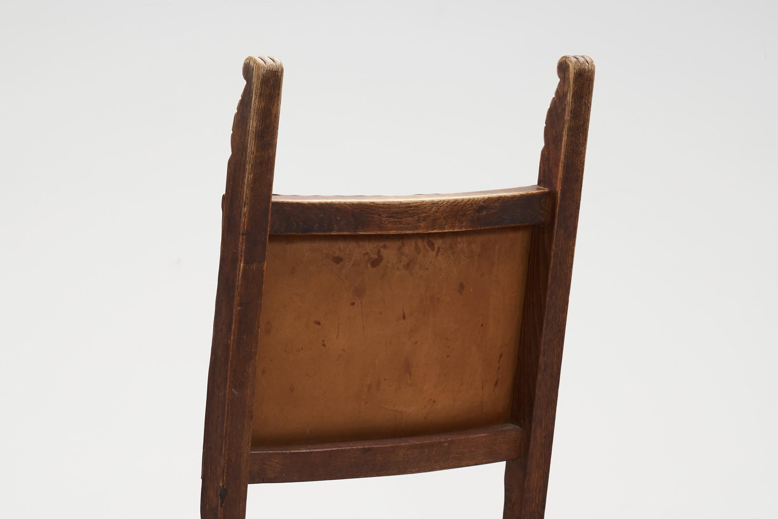 European Patinated Oak and Leather Chairs with Upholstery Tacks, Europe Ca 1900s 7